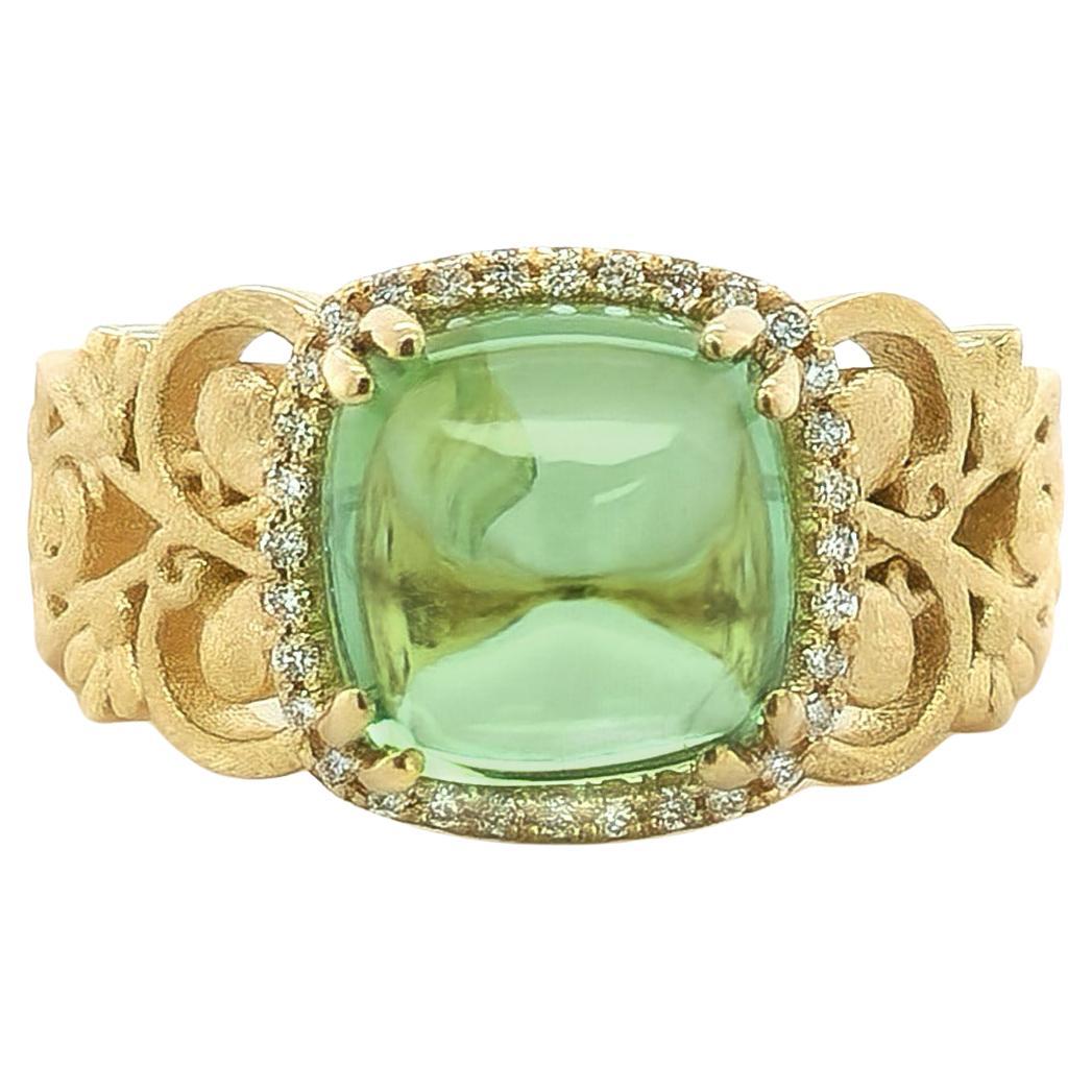 5.42 Carat  Sugarloaf Green Tourmaline Diamond set in  Yellow Gold Ring  For Sale