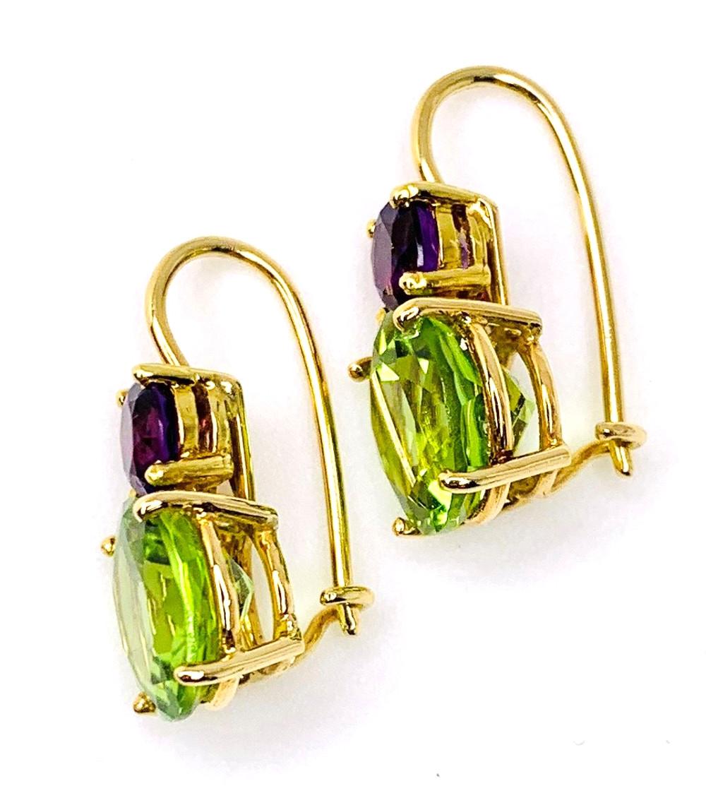 Round Cut 5.42 ct. t.w. Round Peridot, Amethyst 18k Yellow Gold Lever Back Drop Earrings