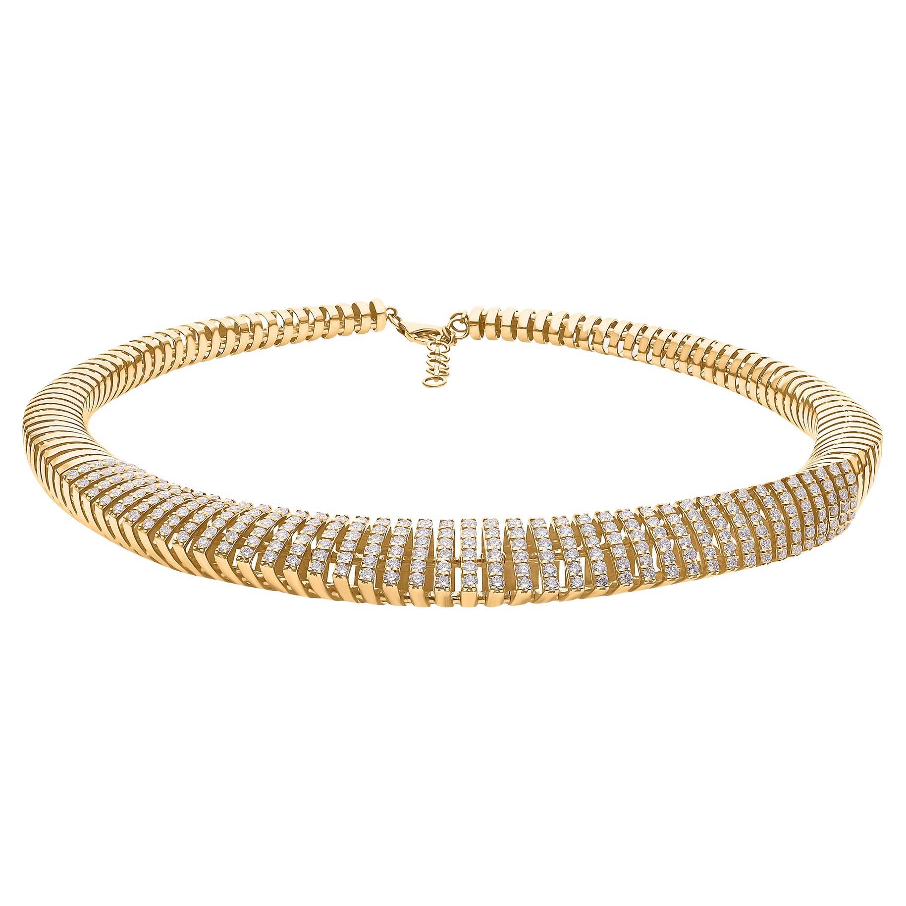 5,42 Ct SI/H Diamond Pave Ribbed Collare Collana Choker in oro giallo 14k
