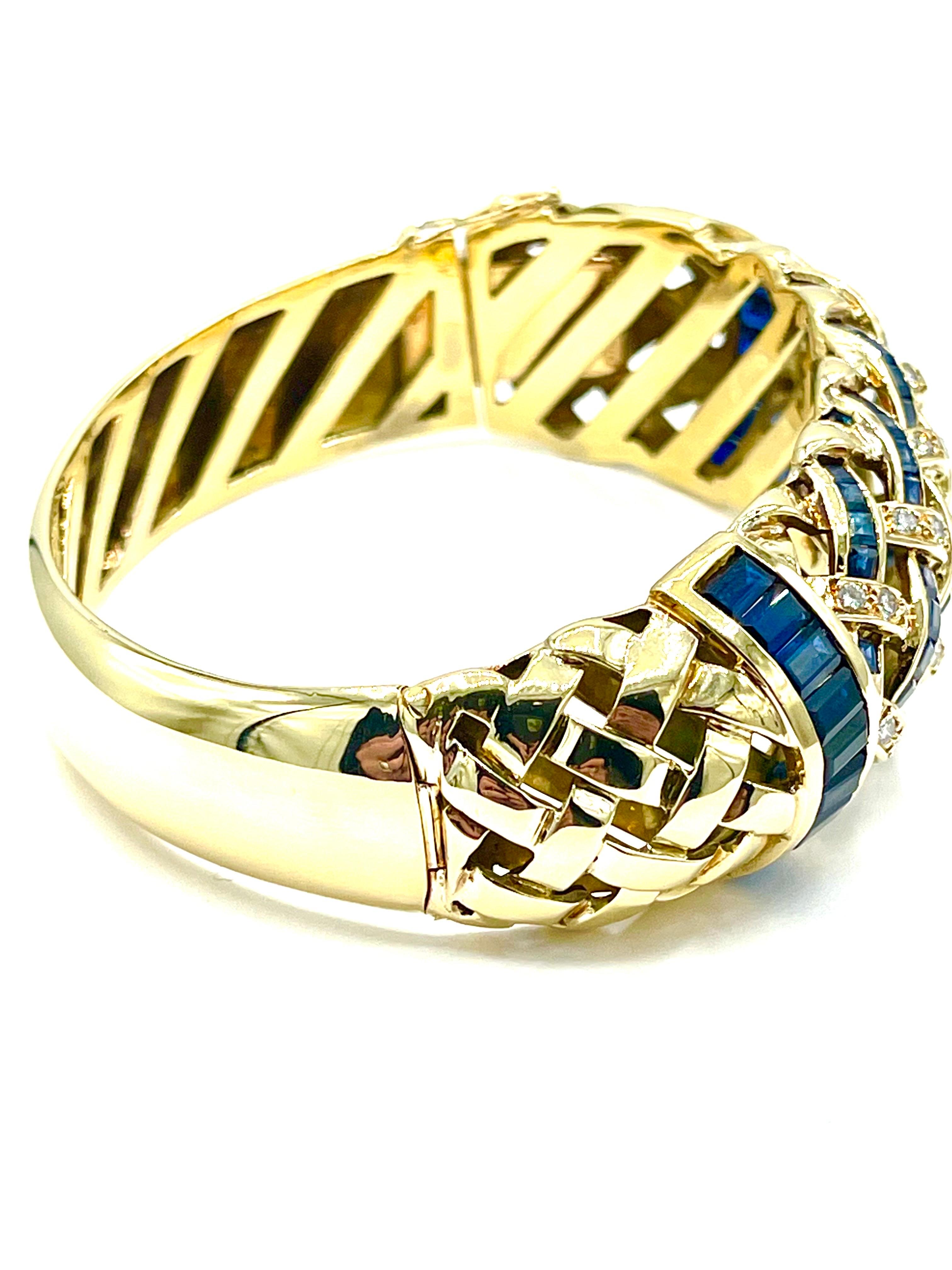 Square Cut 54.20 Carats Blue Sapphire and 1.00 Carat Diamond Yellow Gold Bracelet