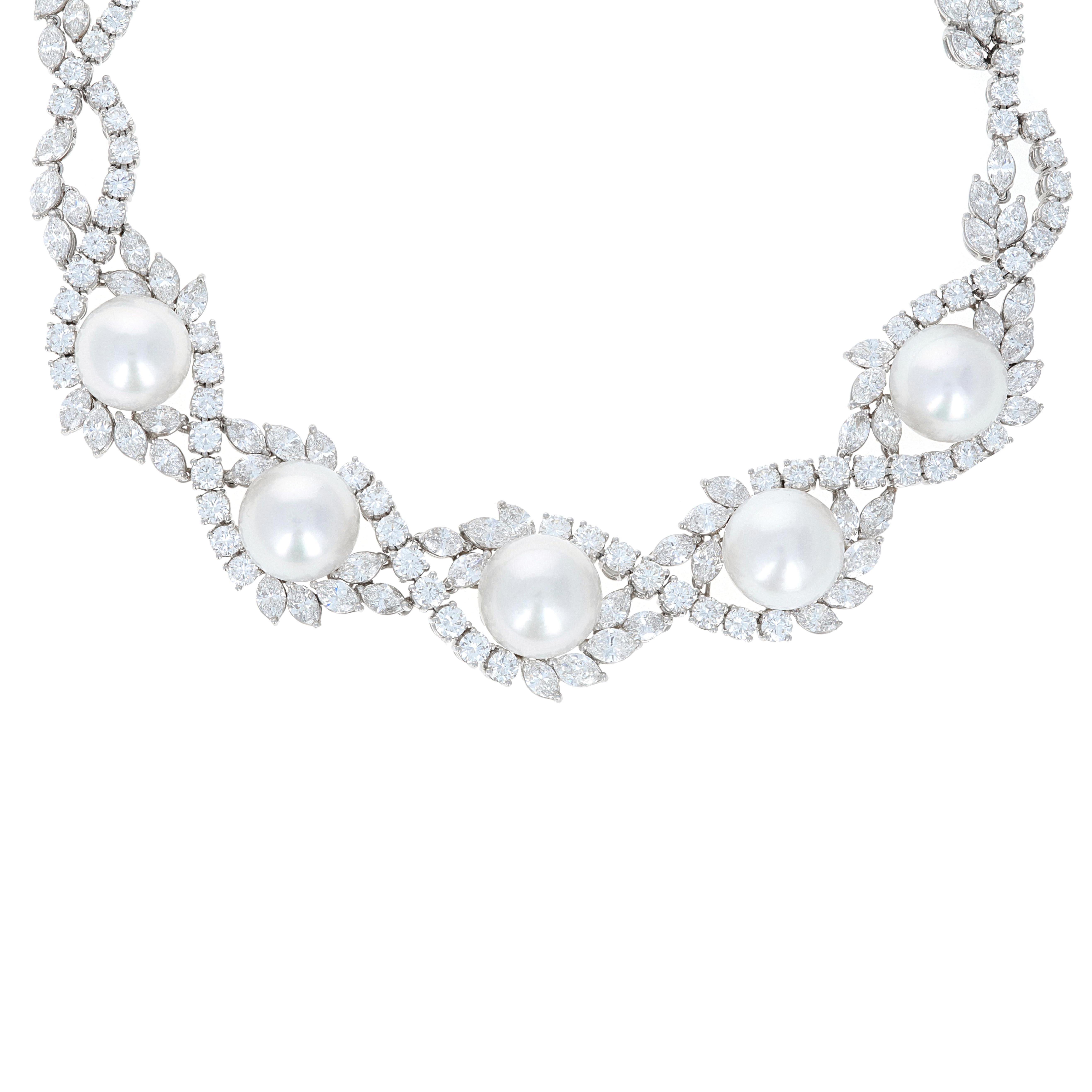 Modern 54.25 Carat Total Weight Diamond and Pearl Necklace, Earring and Ring Set