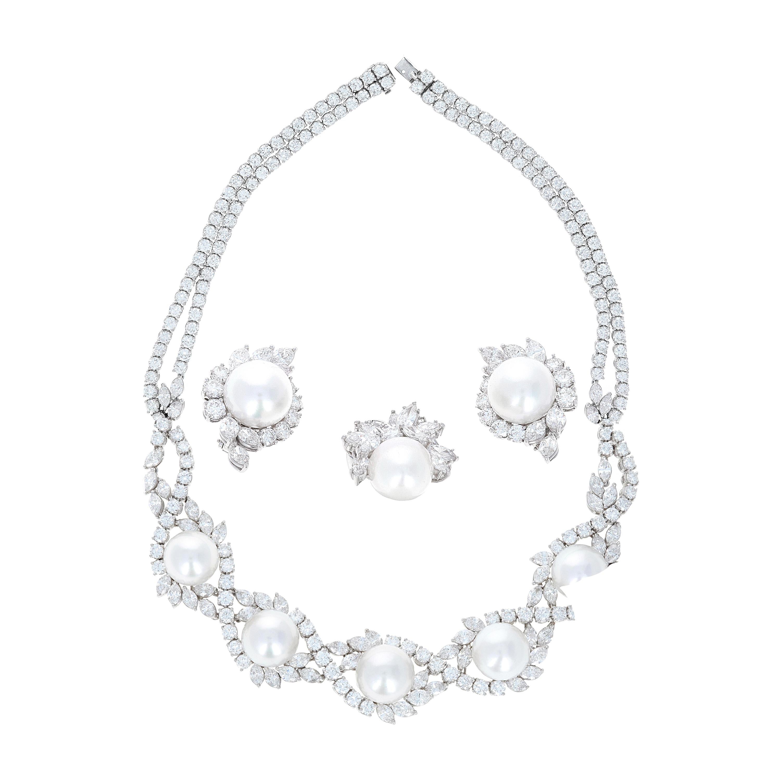 54.25 Carat Total Weight Diamond and Pearl Necklace, Earring and Ring Set