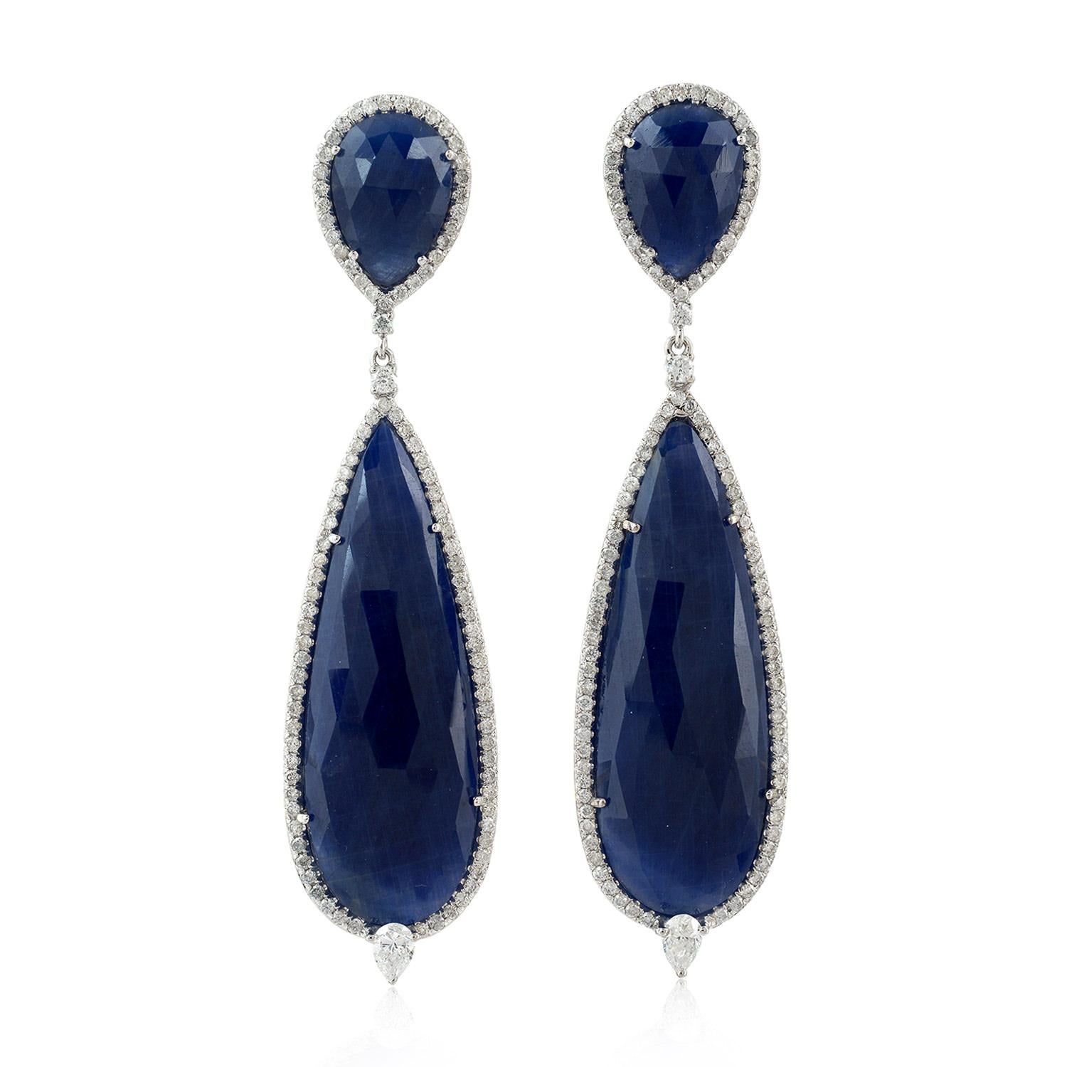Contemporary 54.27 Carat Blue Sapphire Diamond 18 Karat Gold Earrings For Sale