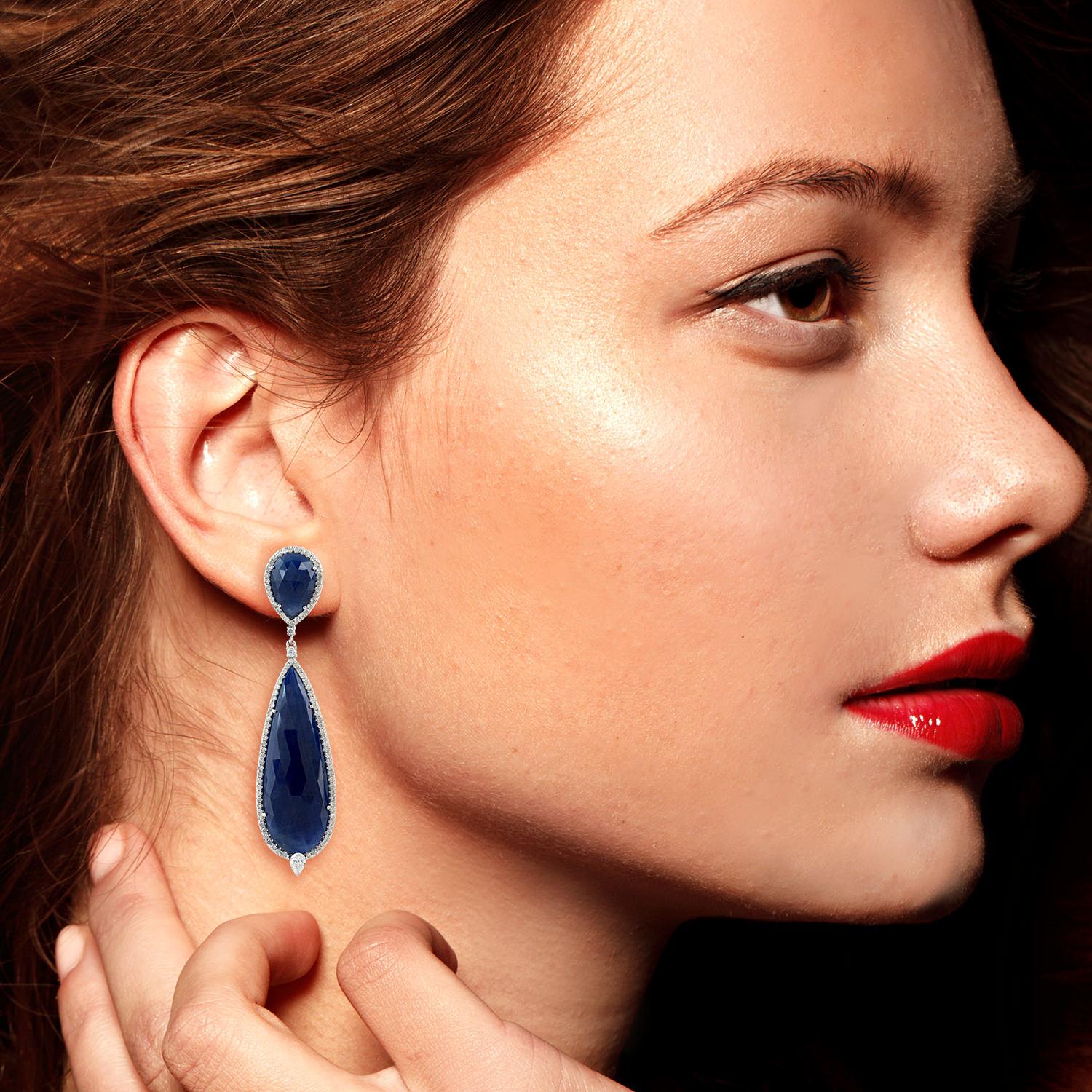 Rose Cut 54.27 Carat Blue Sapphire Diamond 18 Karat Gold Earrings For Sale