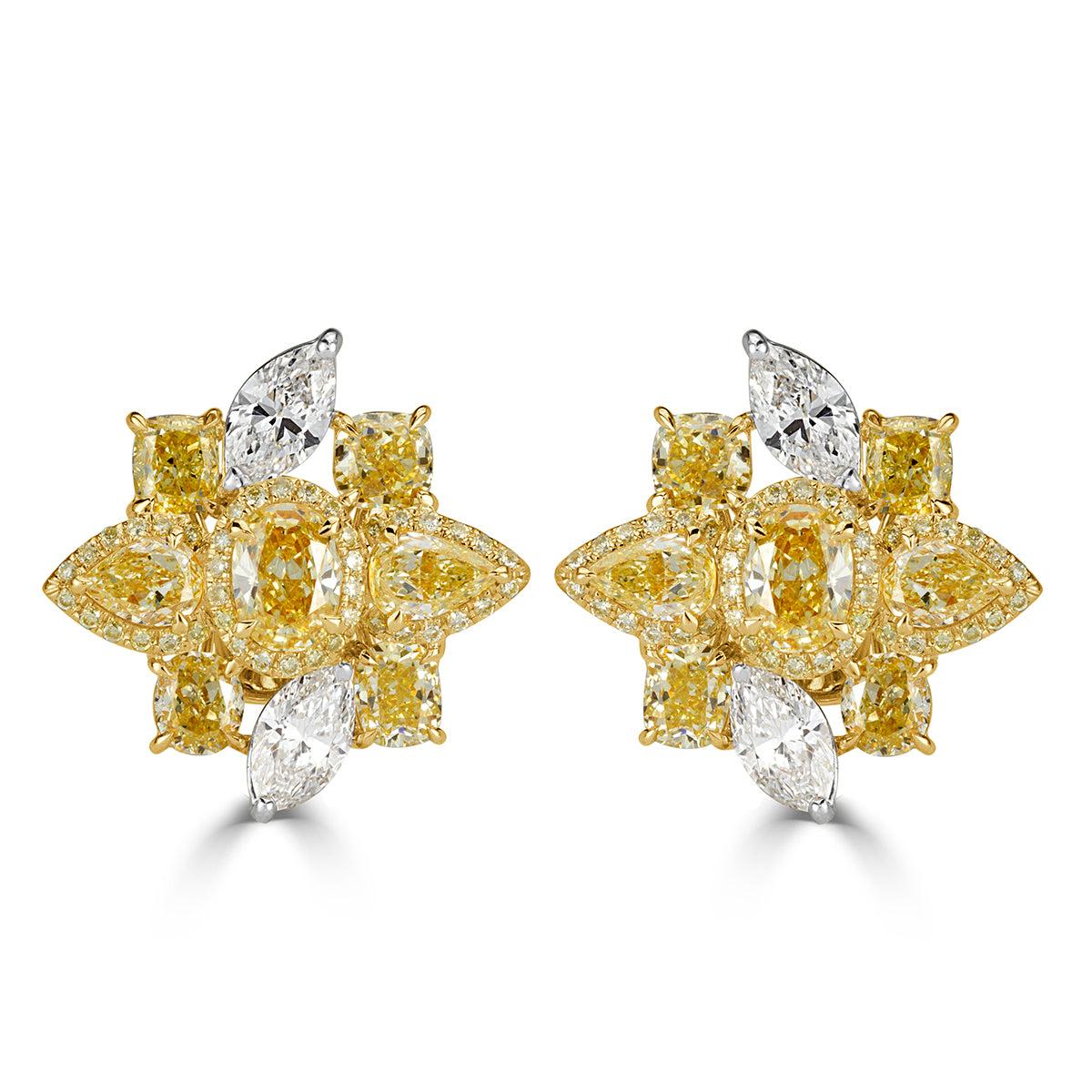 5.42ct Fancy Yellow and White Diamond Cluster Stud Earrings For Sale