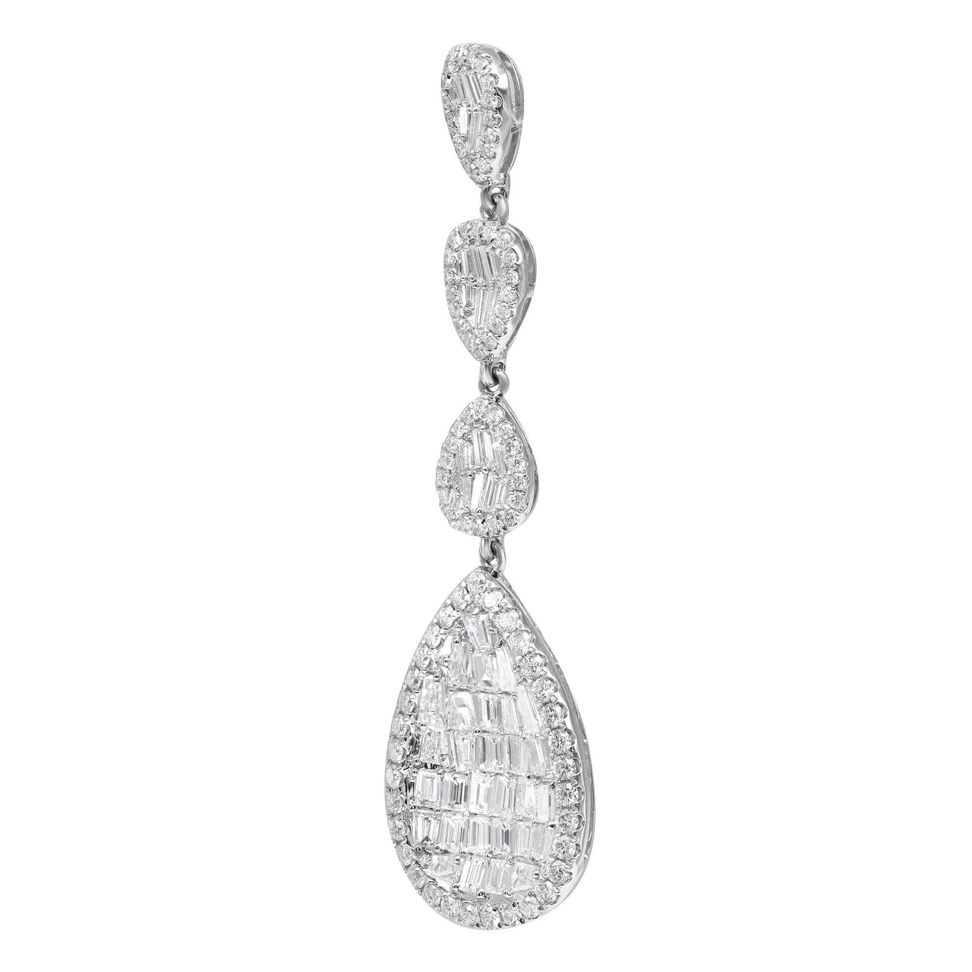 These exemplary drop earrings mounted in 18k white gold add a touch of elegance and sophistication to any outfit. Featuring, channel set baguette and round cut diamonds encrusted in four pear shaped shanks. Total diamond weight: 5.42 carats. Diamond