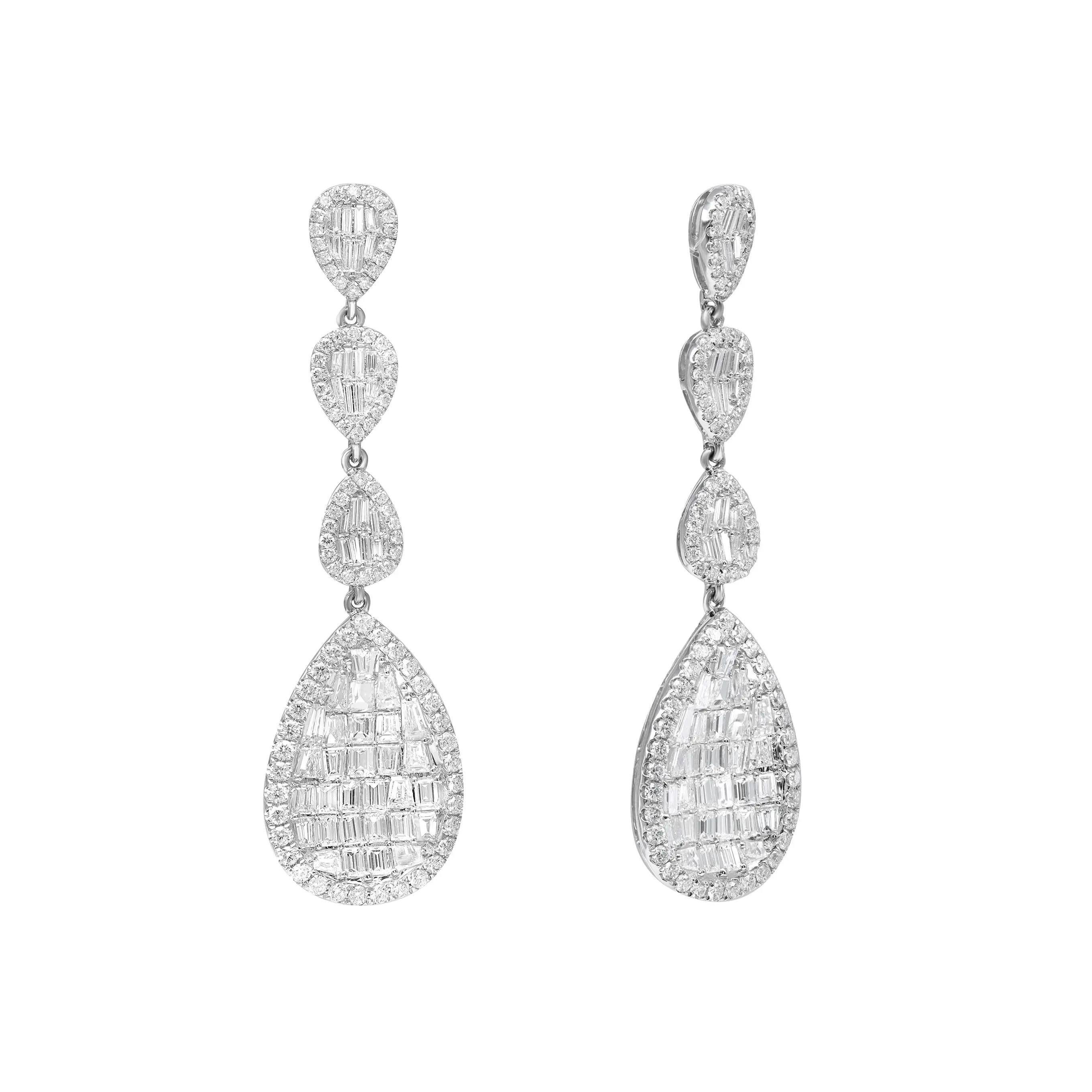 5.42cttw Baguette Cut & Round Cut Diamond Drop Earrings 18k White Gold en vente