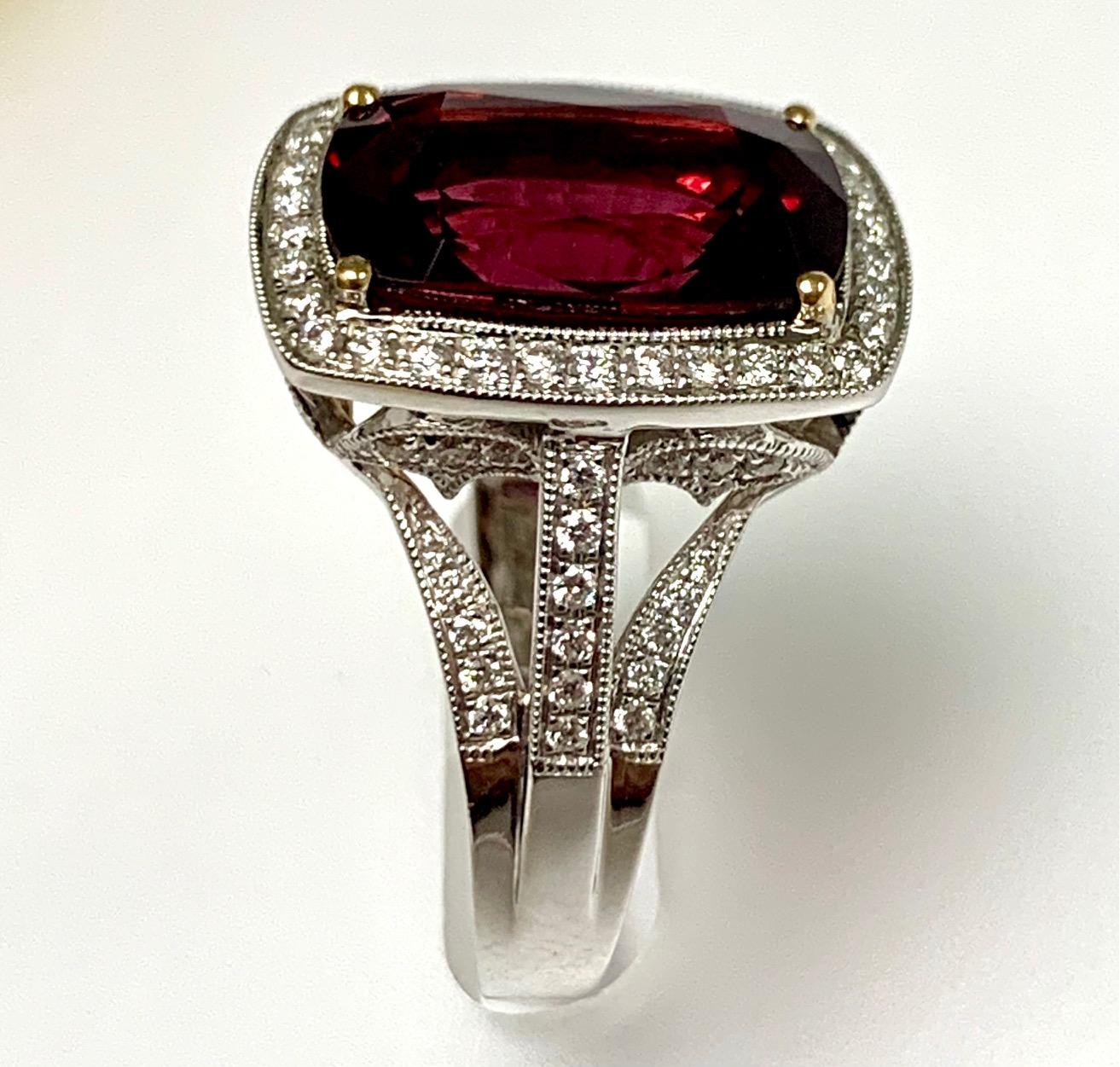 Cushion Cut 5.43 Carat Cushion Shape Red Spinel Diamonds Cocktail Ring For Sale