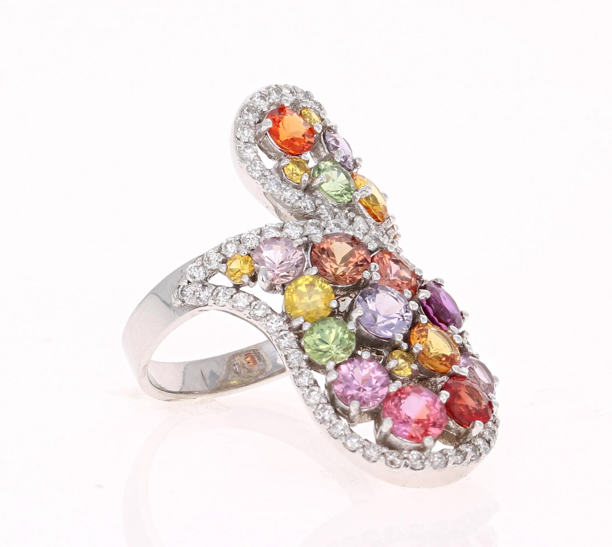 Modern 5.43 Carat Multicolored Sapphire Diamond 14 Karat White Gold Cocktail Ring