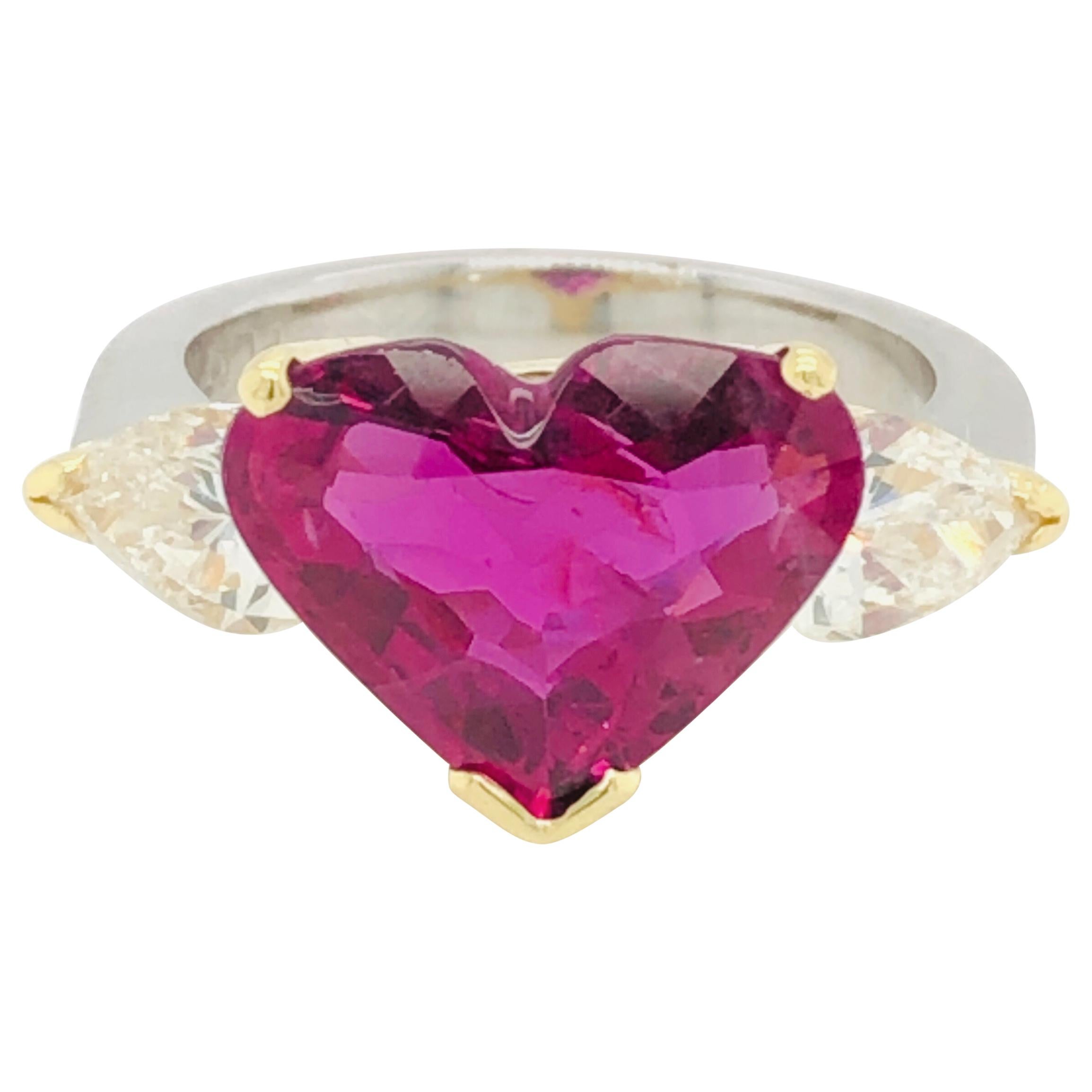 5.43 Carat Natural Ruby Heart Shape AGL Certified and 1.50 Carat Diamond Ring