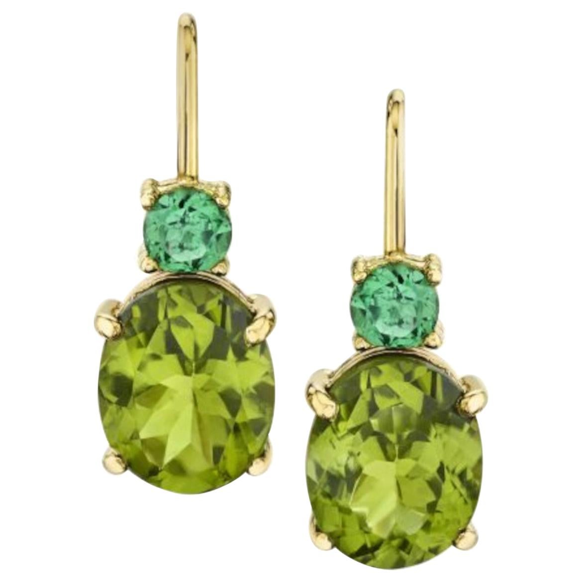 5.43 ct. Peridot, Tsavorite 18k Yellow Gold French Wire Lever Back Drop Earrings