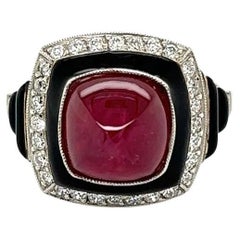 5.43 Carat Sugarloaf Ruby Black Enamel and Diamond Vintage Platinum Ring