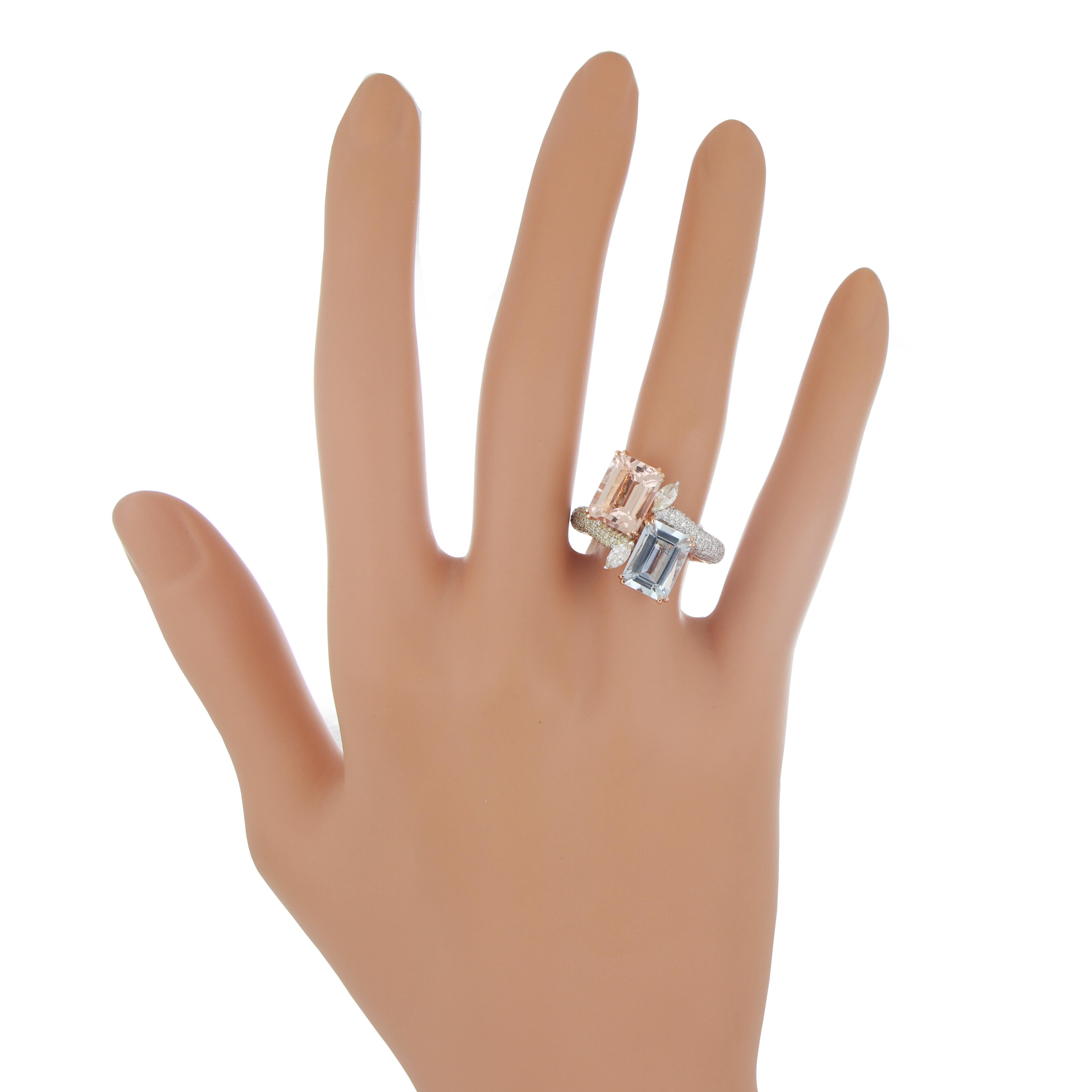 Contemporary 5.43 Carat Total Morganite and Aquamarine Ring with Diamonds in 14 Karat Gold For Sale