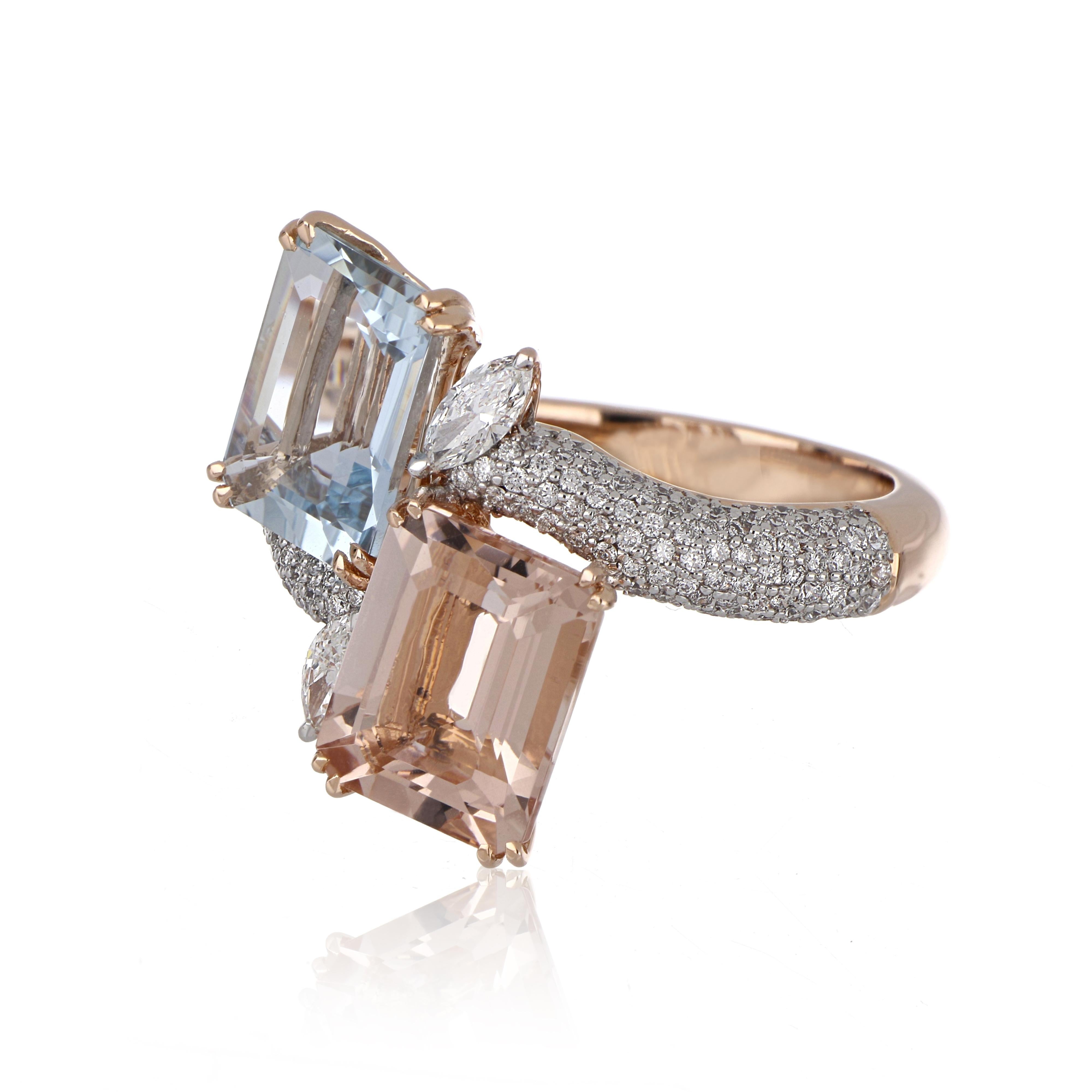 Octagon Cut 5.43 Carat Total Morganite and Aquamarine Ring with Diamonds in 14 Karat Gold For Sale