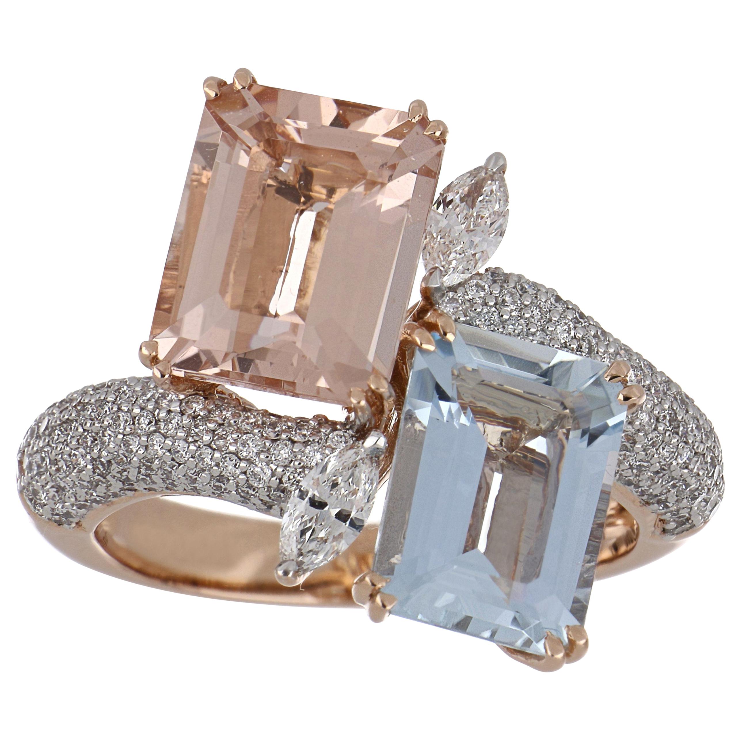 5.43 Carat Total Morganite and Aquamarine Ring with Diamonds in 14 Karat Gold For Sale