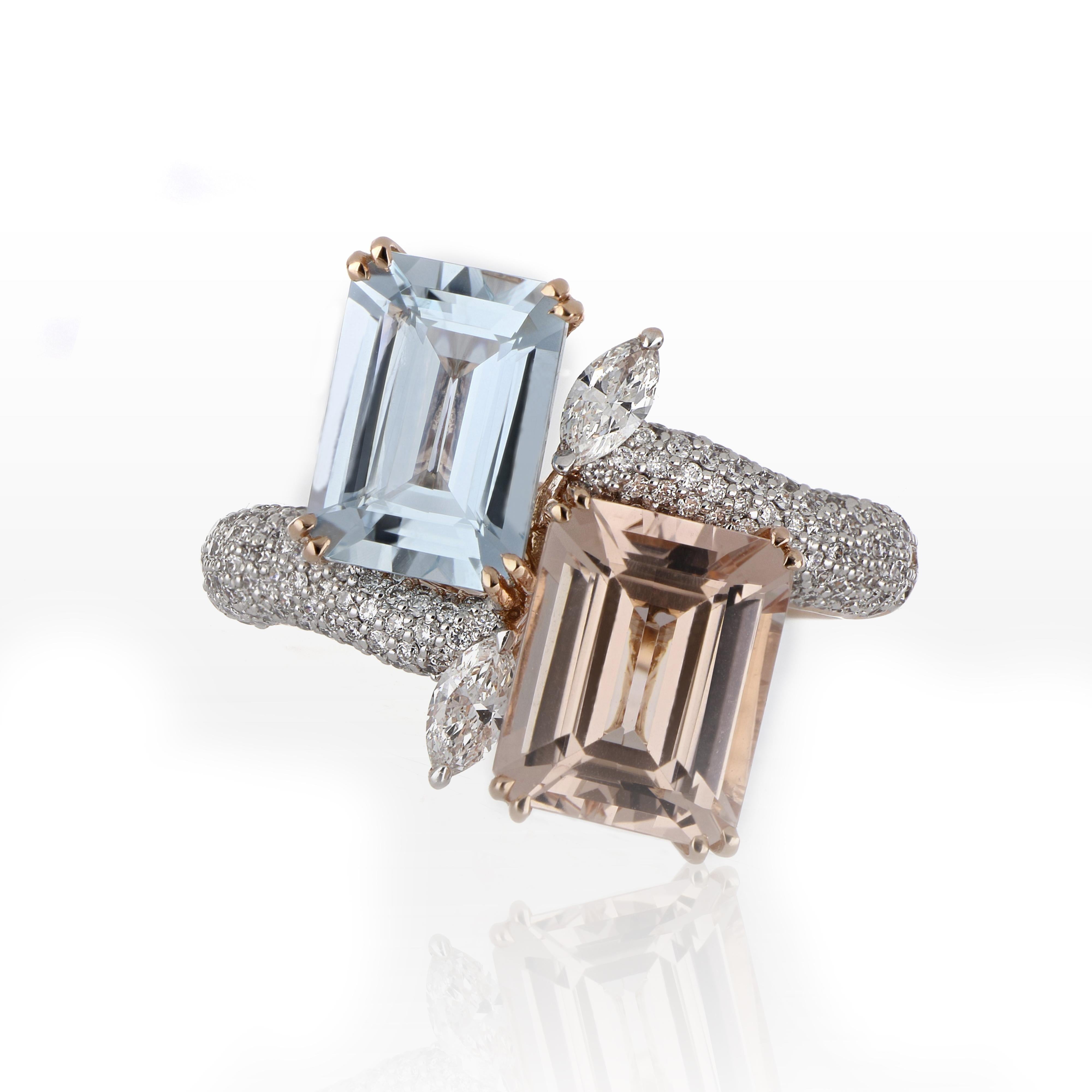Elegant and exquisitely detailed Cocktail 14K Ring, centre set with 3.16 Cts. Octagon Morganite and 2.27 Cts. Octagon Aquamarine. Surrounded and enhanced on shank with Diamonds, weighing approx. 0.83 ct. Beautifully Hand crafted in 14 Karat Rose