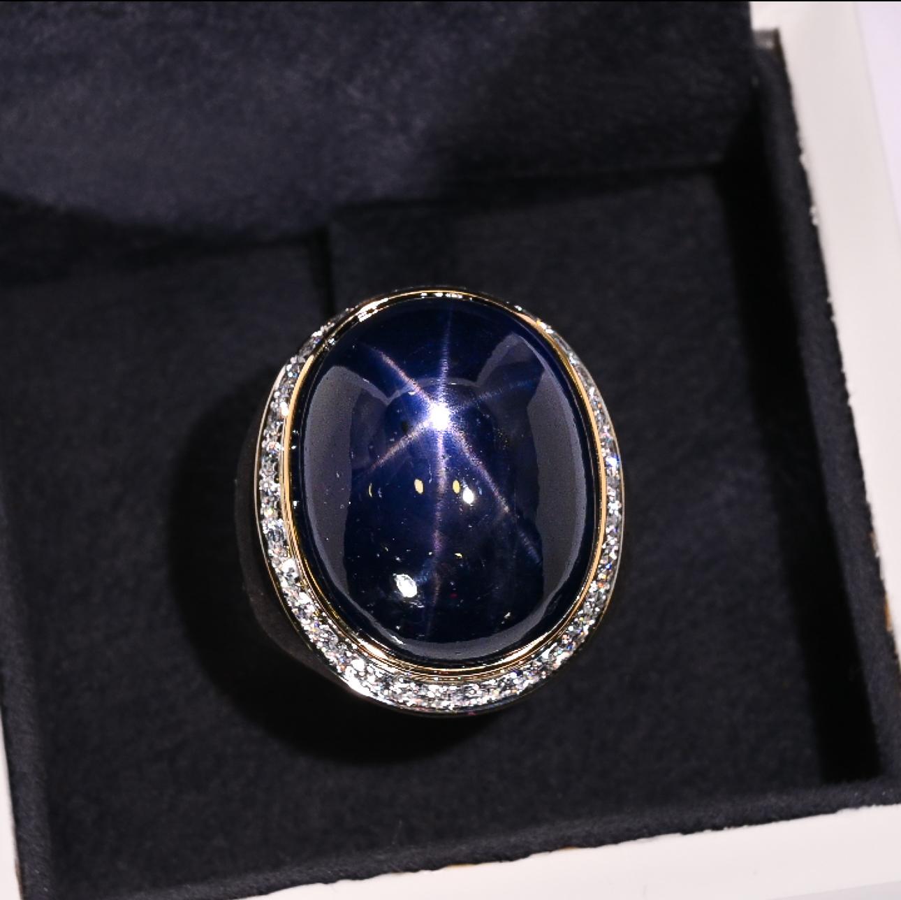 54,31 Karat unbehandelter burmesischer Sternblauer Saphir und Diamantring, AGL-zertifiziert im Angebot 1