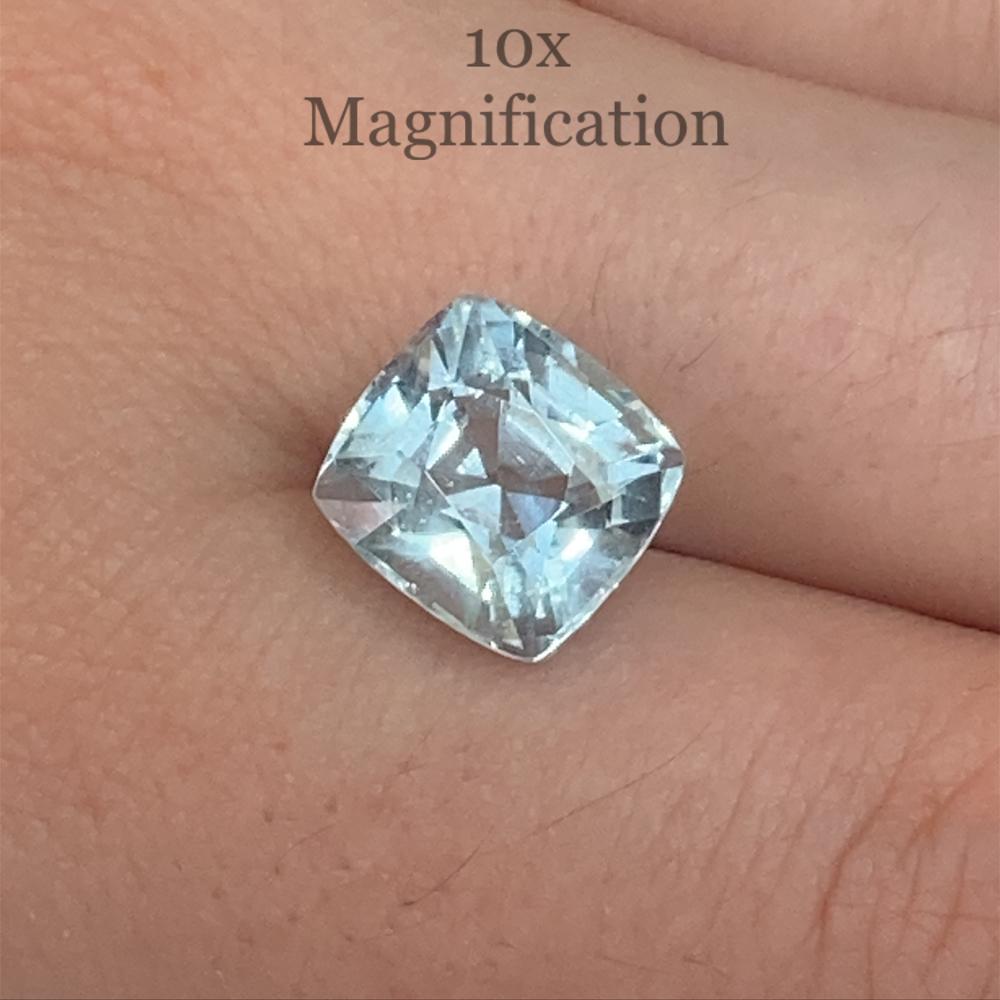 Description:

Gem Type: Aquamarine 
Number of Stones: 1
Weight: 5.43 cts
Measurements: 10.48 x 9.95 x 8.26 mm
Shape: Cushion
Cutting Style Crown: Brilliant Cut
Cutting Style Pavilion: Step Cut 
Transparency: None
Clarity: Very Slightly Included: Eye