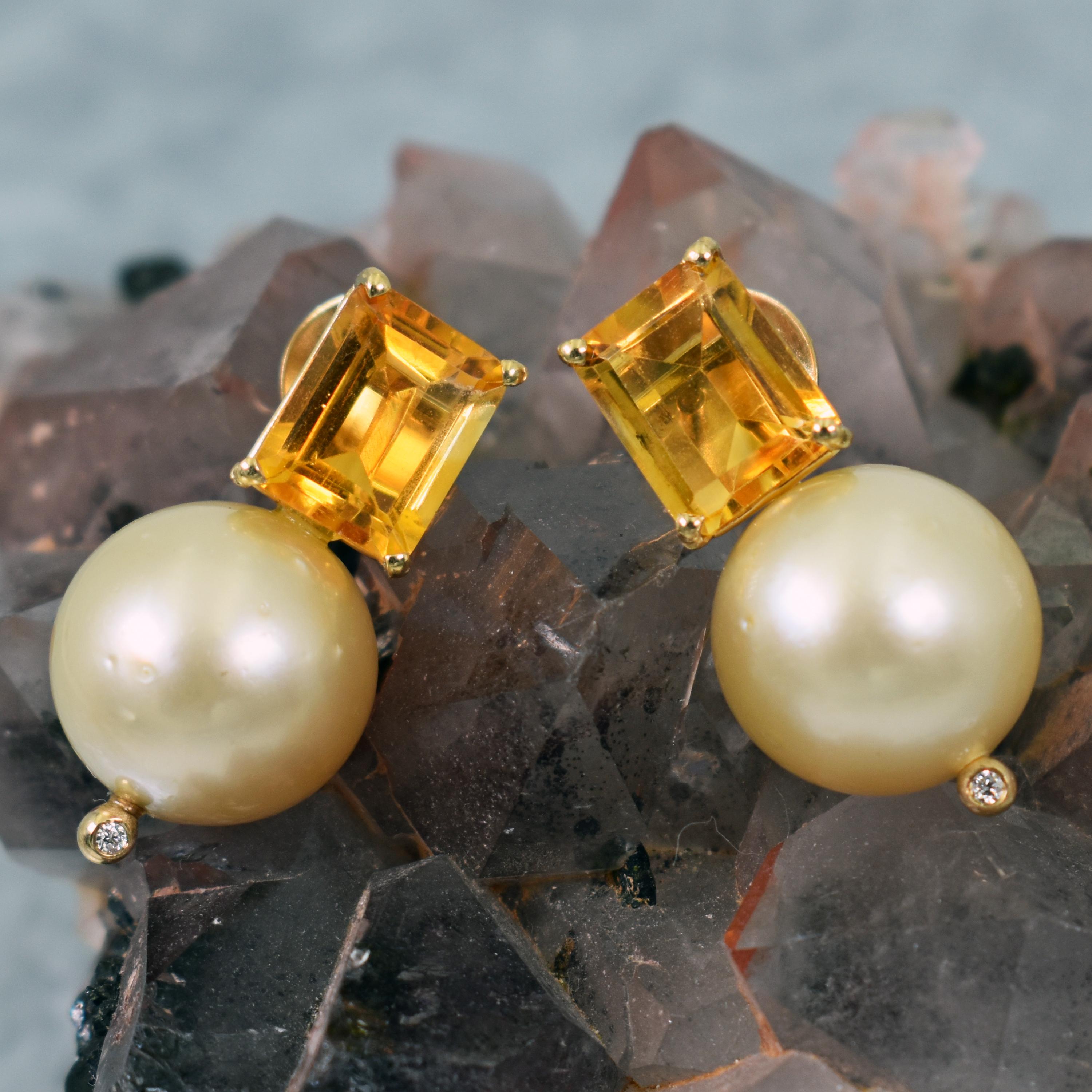 5.44 carat emerald-cut Citrine with round, champagne or golden color 14mm Freshwater Pearl drop and accent Diamonds 14k yellow gold stud earrings. Stud earrings are 1.07 inches or 27mm in length. Gorgeous, sunny Citrine and Pearl gemstones make