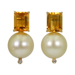 5.44 Carat Citrine, Champagne Pearl and Diamond 14 Karat Gold Drop Stud Earrings