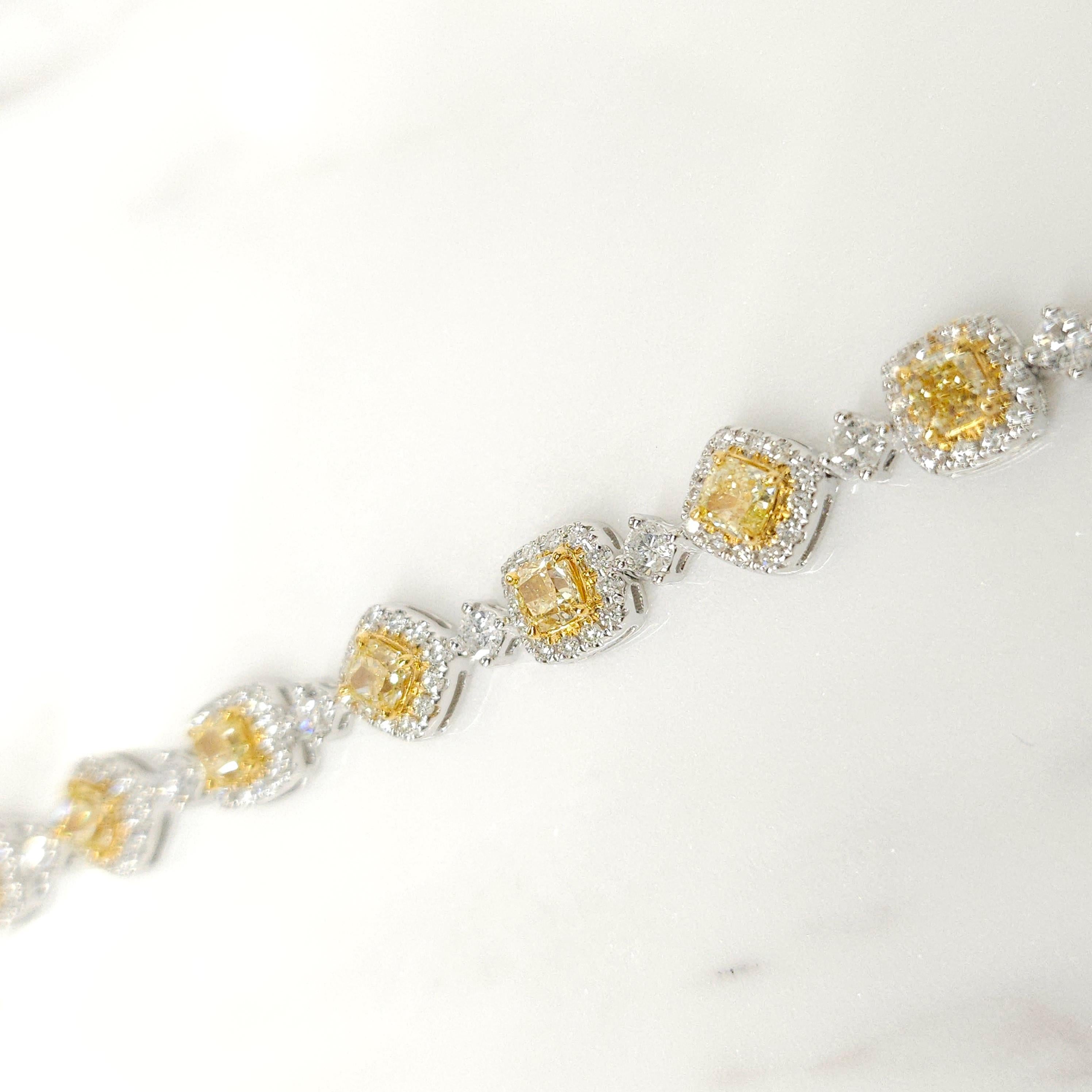 Women's 5.44 Carat Cushion Cut Fancy Yellow & White Natural Diamond Bracelet in 18K Gold For Sale