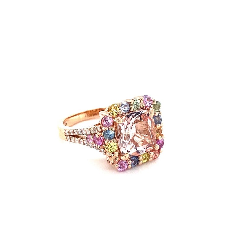 Cushion Cut 5.44 Carat Pink Morganite Multi-Color Sapphire Rose Gold Cocktail Ring  For Sale