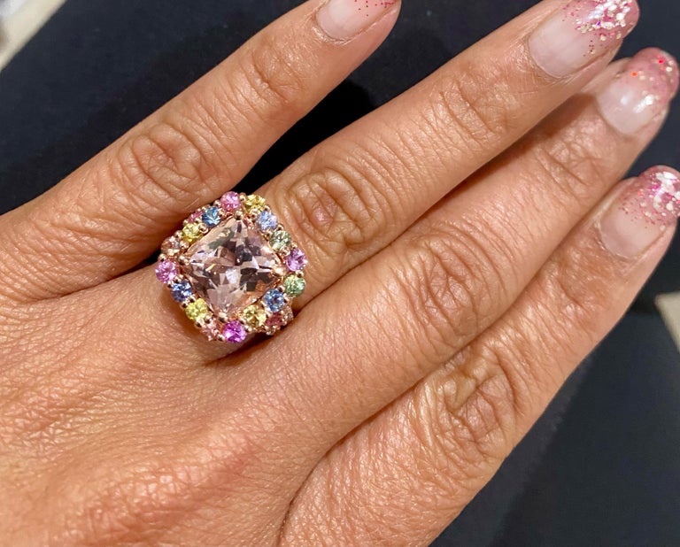 5.44 Carat Pink Morganite Multi-Color Sapphire Rose Gold Cocktail Ring  In New Condition For Sale In Los Angeles, CA
