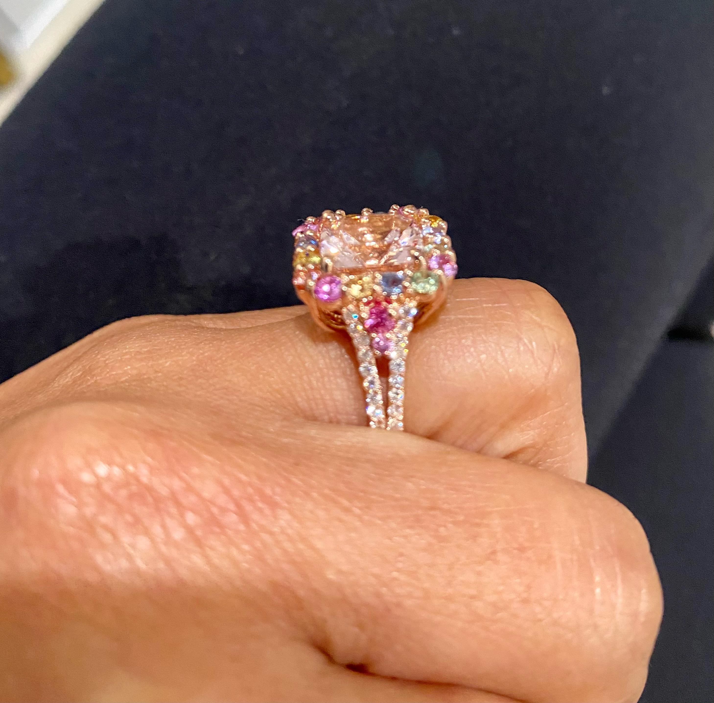 Women's 5.44 Carat Pink Morganite Multi-Color Sapphire Rose Gold Cocktail Ring 