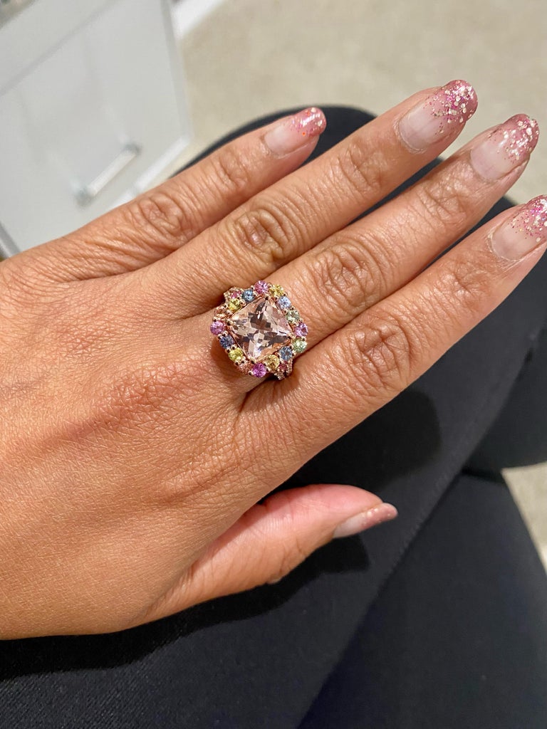 5.44 Carat Pink Morganite Multi-Color Sapphire Rose Gold Cocktail Ring  For Sale 1