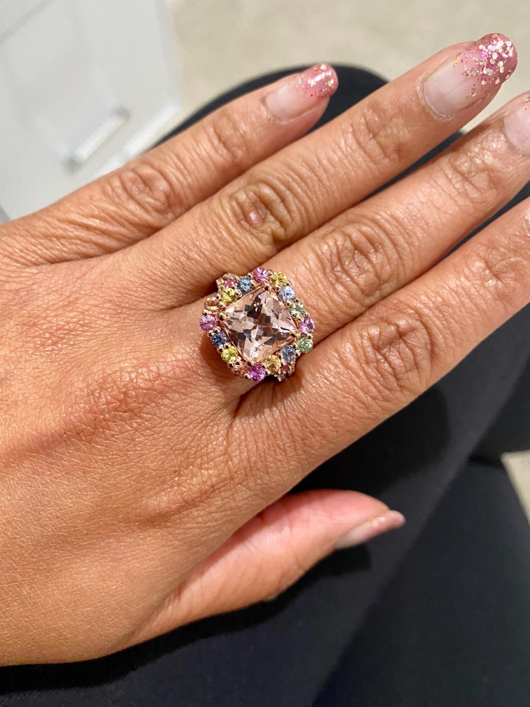 5.44 Carat Pink Morganite Multi-Color Sapphire Rose Gold Cocktail Ring  For Sale 2