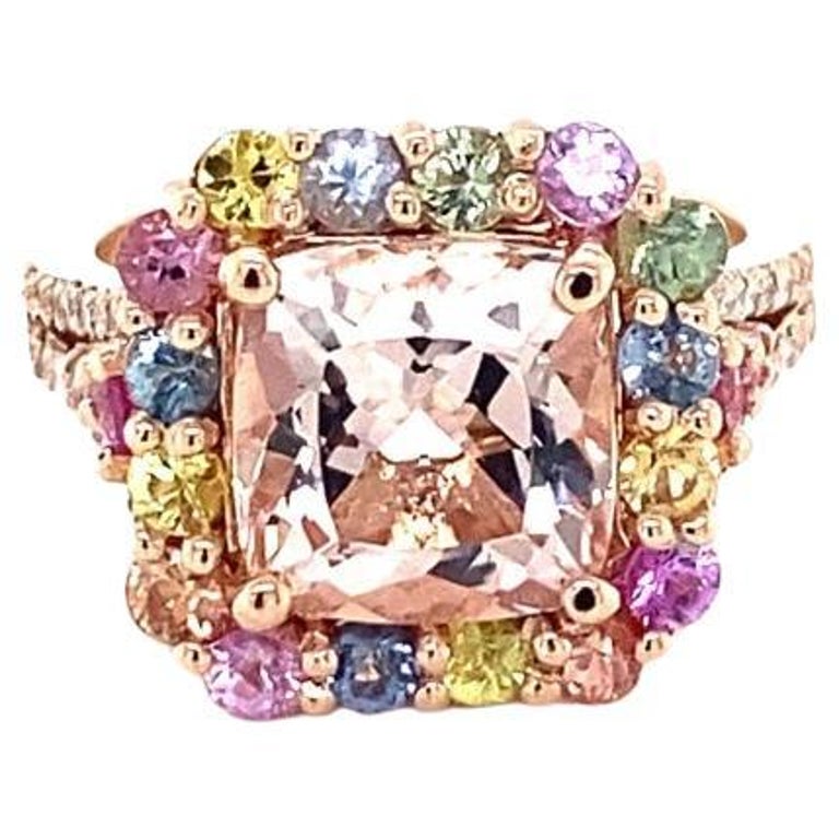 5.44 Carat Pink Morganite Multi-Color Sapphire Rose Gold Cocktail Ring  For Sale