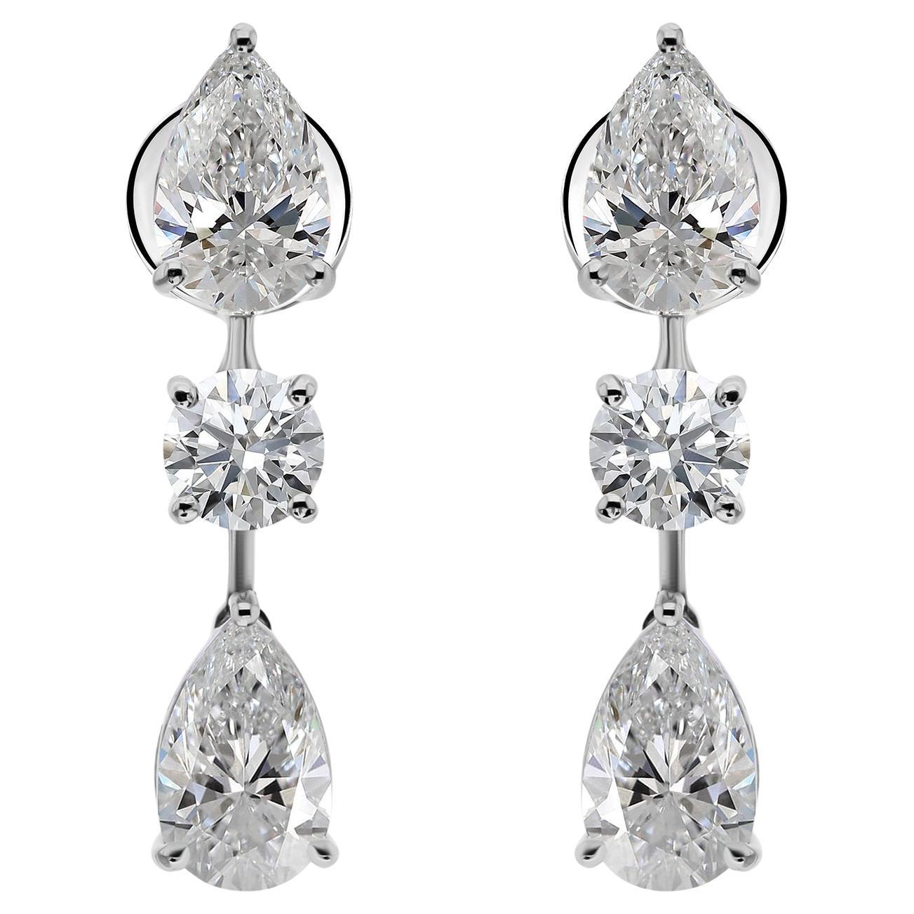 5.44 Carat SI Clarity HI Color Pear Round Diamond Earrings 18 Karat White Gold For Sale