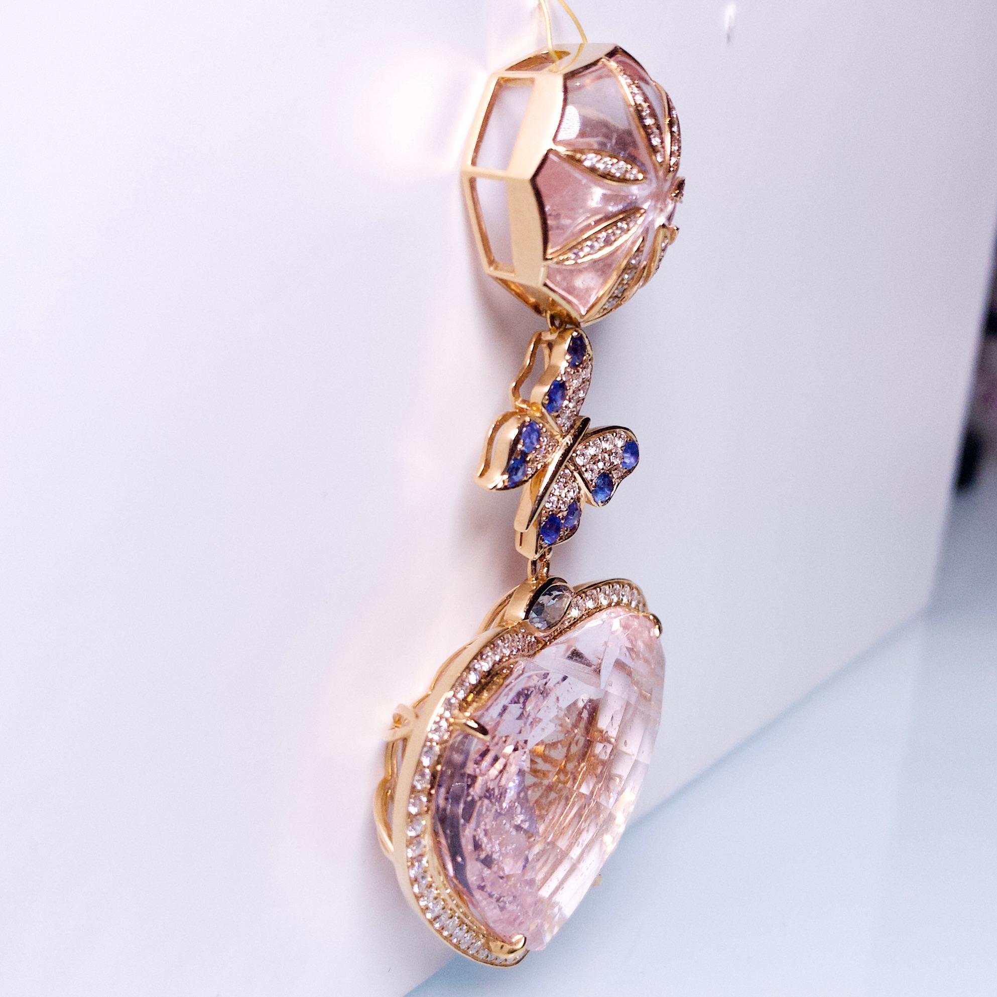 Contemporary Eostre Morganite, Sapphire and Diamond Pendant in 18K Rose Gold For Sale