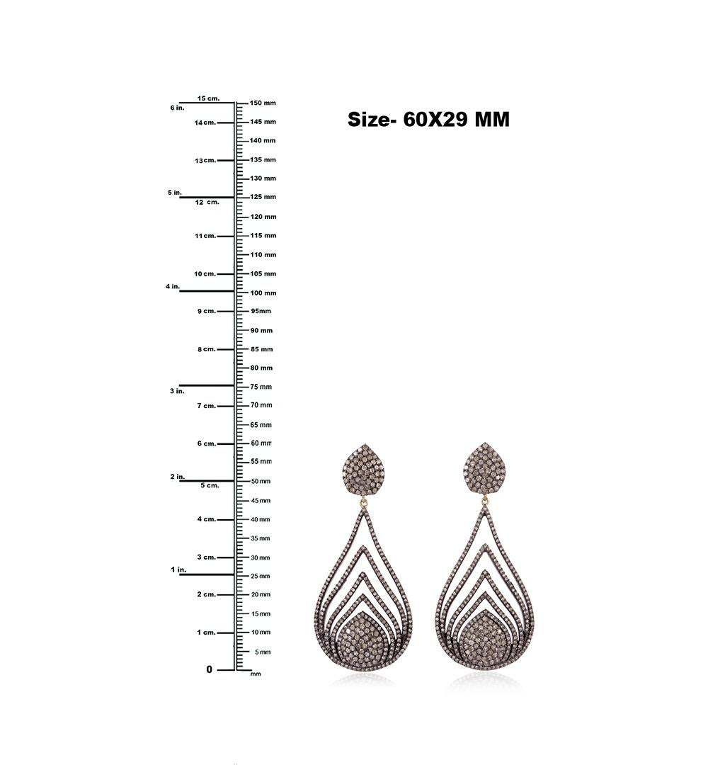 Mixed Cut 5.44ct Diamond Pear Shaped Dangle Earrings Made In 14k Yellow Gold & Silver For Sale