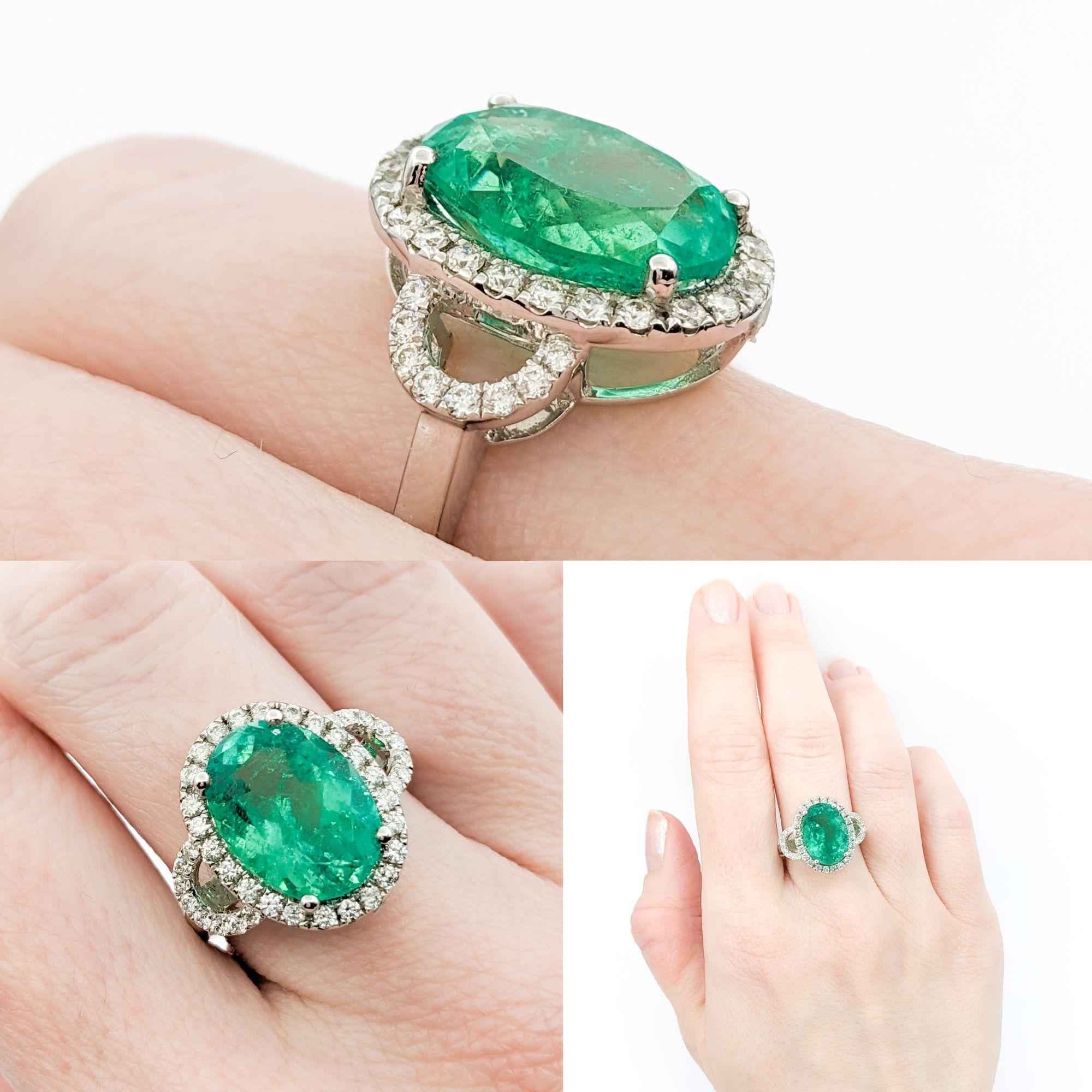 5.44ct Emerald & .59ctw Diamonds Ring In White Gold

This exquisite gemstone fashion ring, exquisitely crafted in 18kt white gold, boasts a stunning 5.44ct GIA-certified emerald centerpiece. Complementing this captivating emerald are .59ctw round
