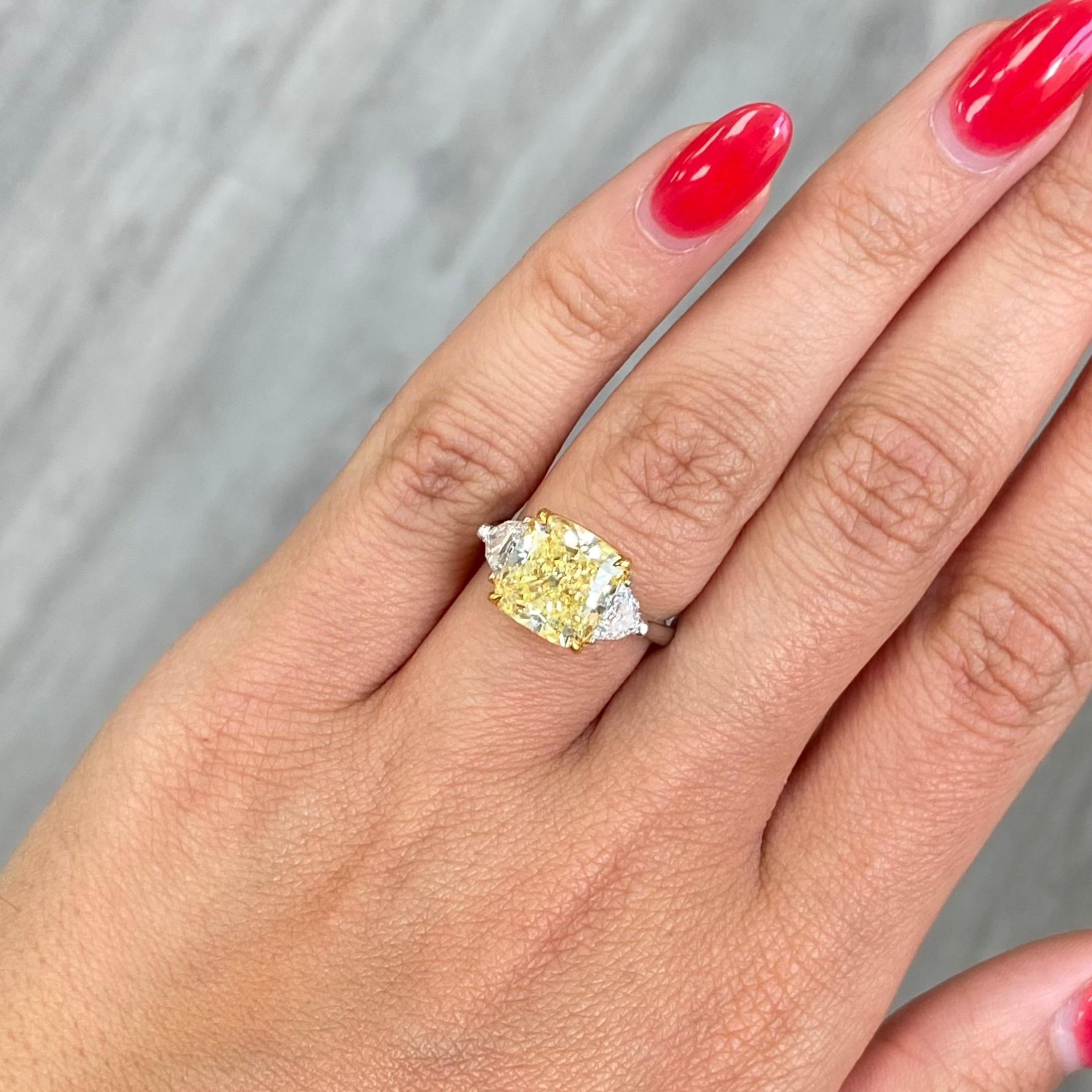 Cushion Cut 5.44ct Fancy Yellow Cushion Diamond Three Stone Ring