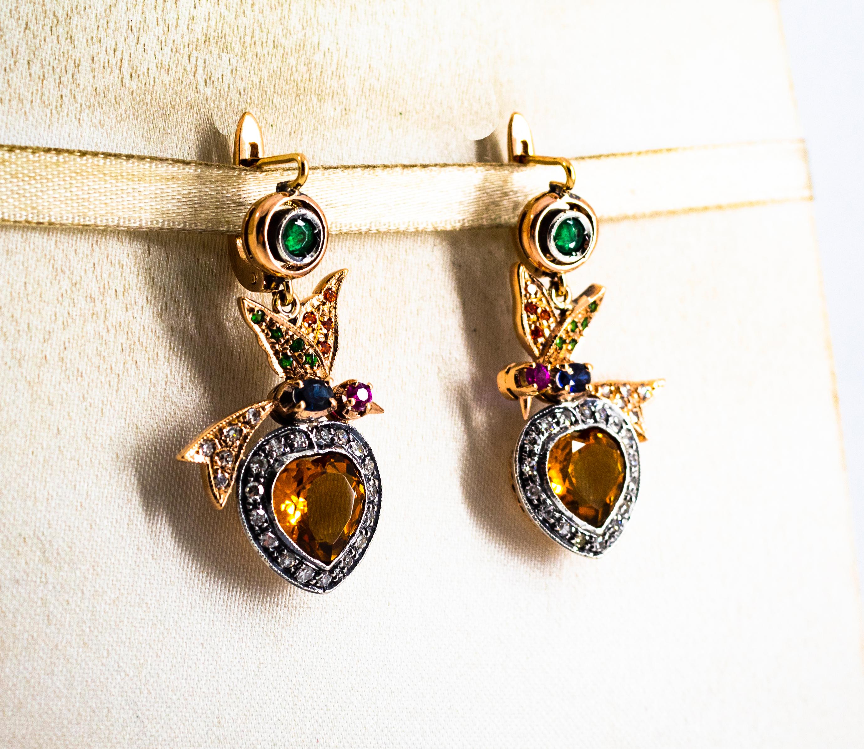 Renaissance 5.45 Carat Diamond Emerald Ruby Sapphire Citrine Yellow Gold Lever-Back Earrings For Sale
