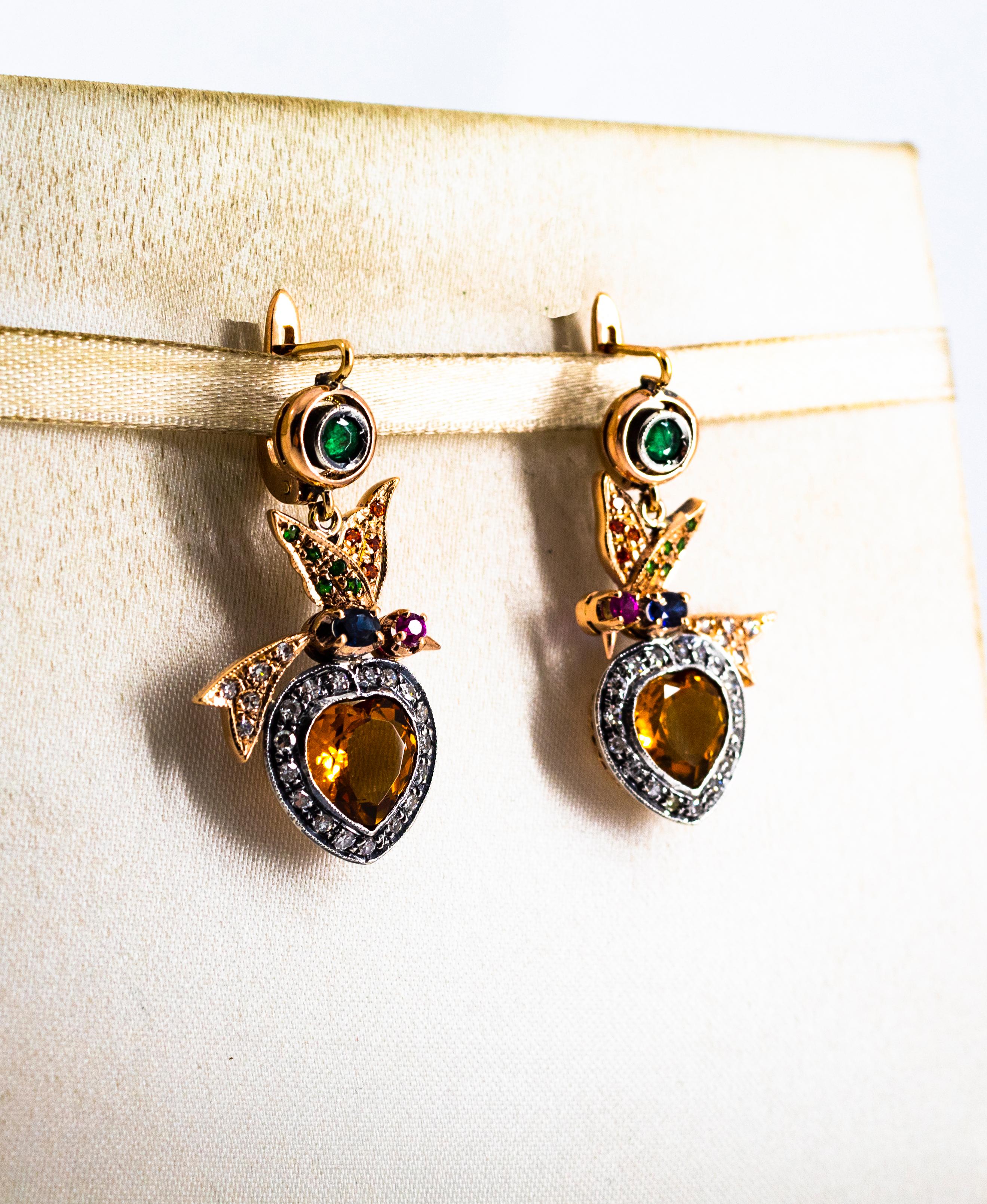 5.45 Carat Diamond Emerald Ruby Sapphire Citrine Yellow Gold Lever-Back Earrings In New Condition For Sale In Naples, IT