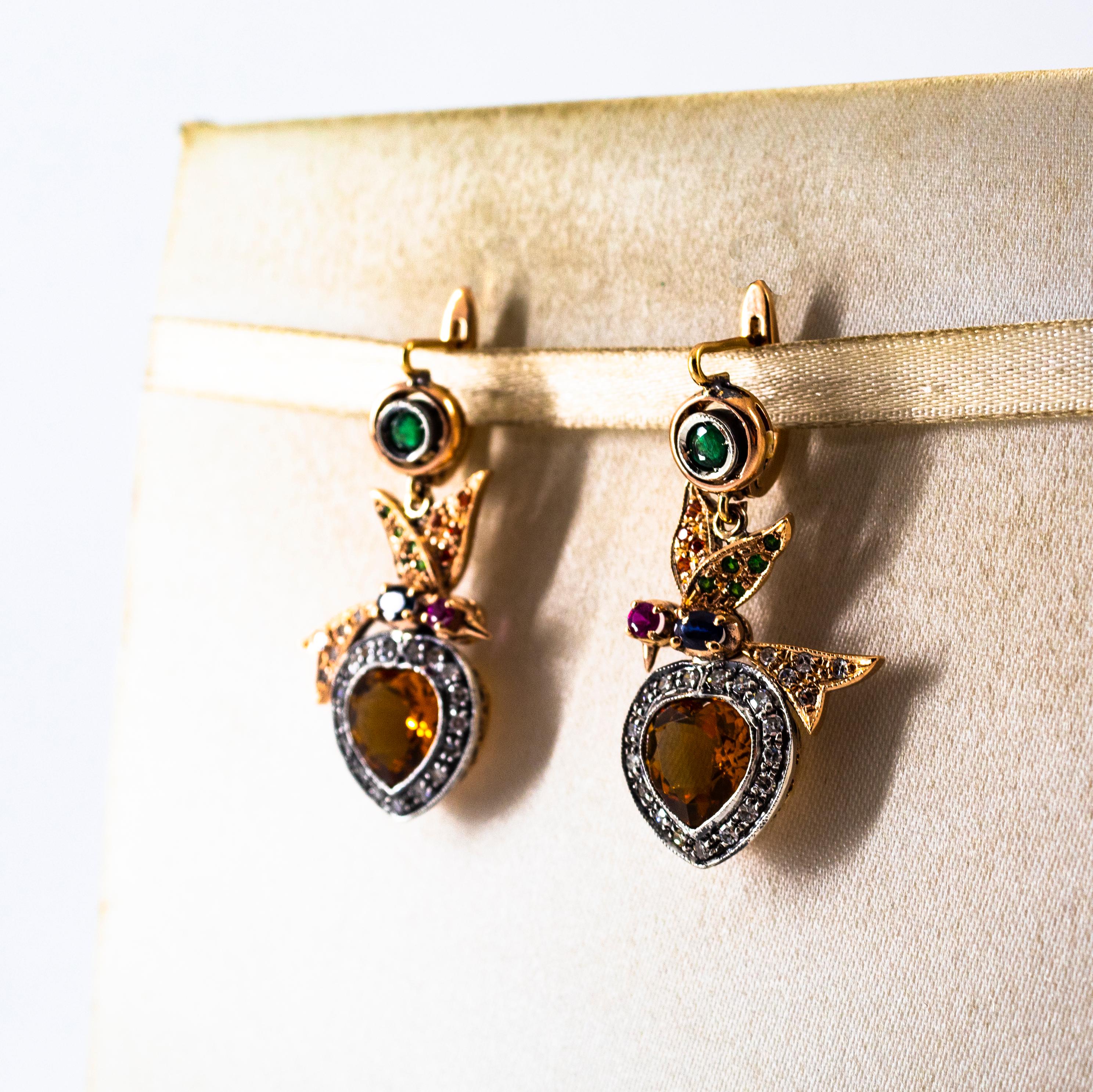 Women's or Men's 5.45 Carat Diamond Emerald Ruby Sapphire Citrine Yellow Gold Lever-Back Earrings For Sale