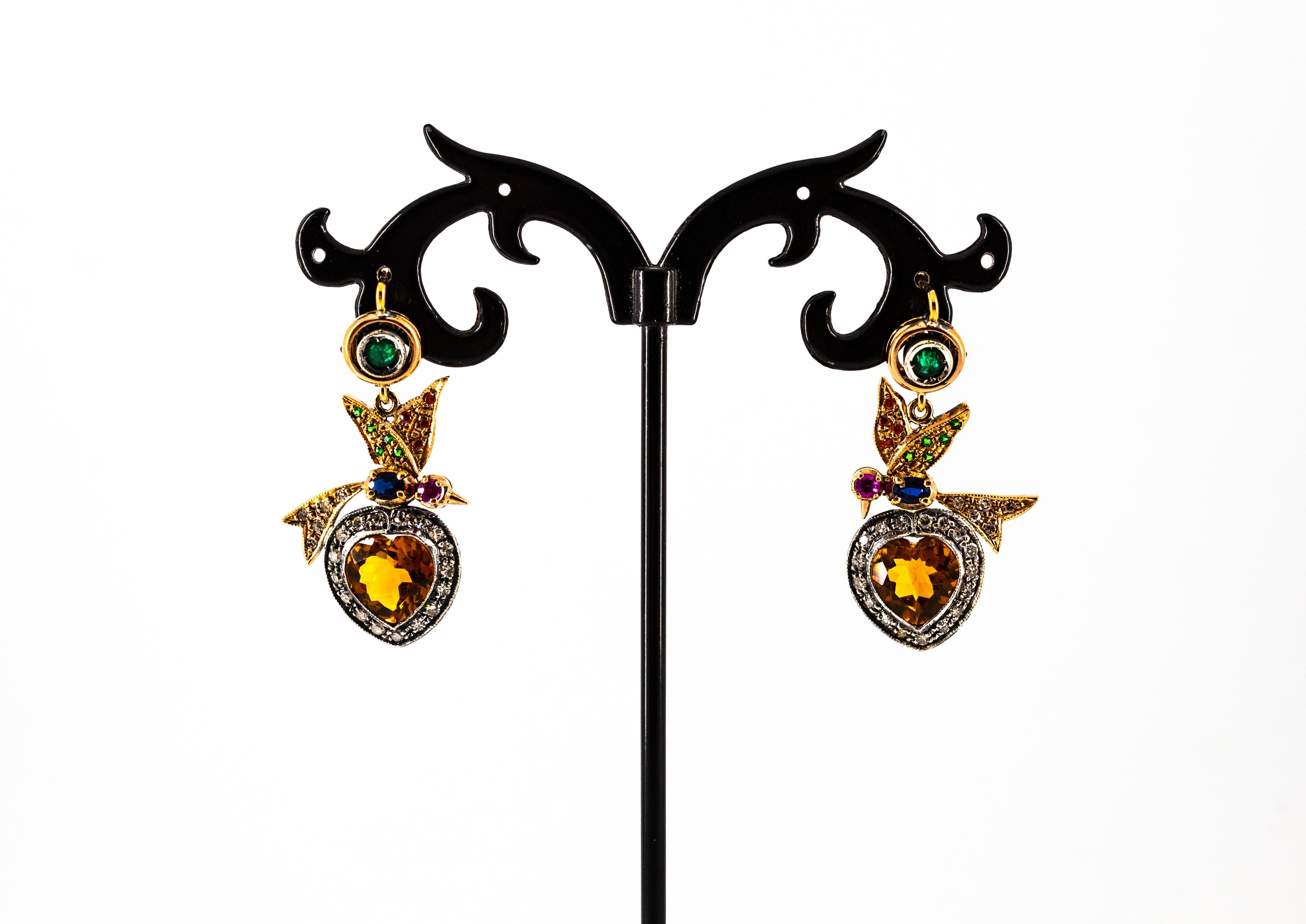 5.45 Carat Diamond Emerald Ruby Sapphire Citrine Yellow Gold Lever-Back Earrings For Sale 2