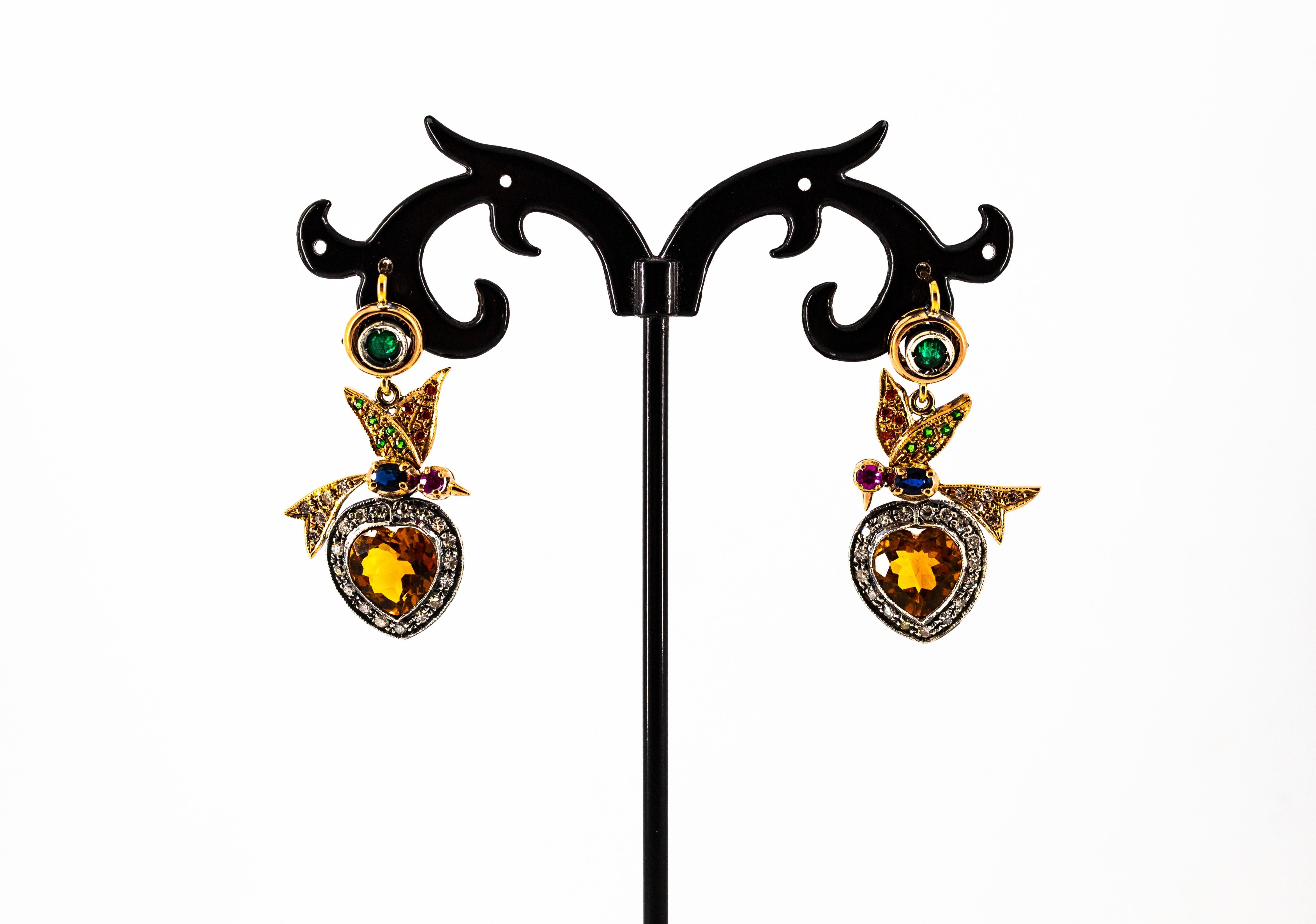 5.45 Carat Diamond Emerald Ruby Sapphire Citrine Yellow Gold Lever-Back Earrings For Sale 3