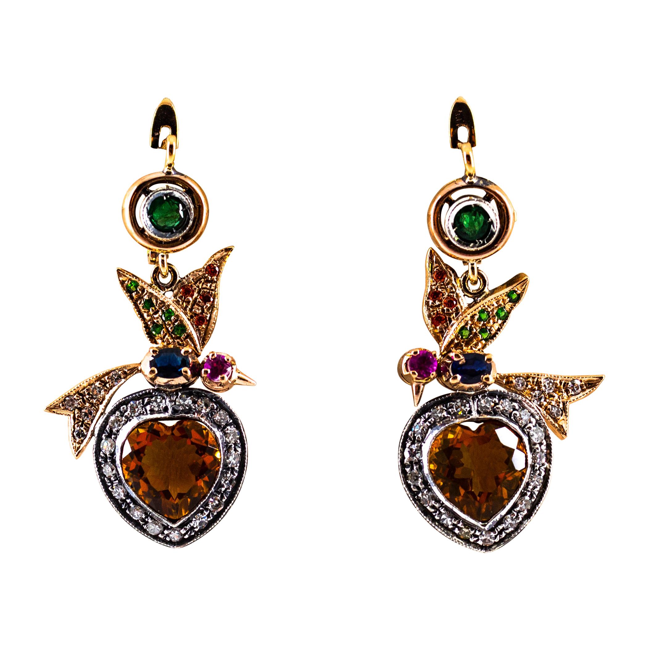5.45 Carat Diamond Emerald Ruby Sapphire Citrine Yellow Gold Lever-Back Earrings For Sale