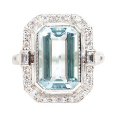 5.45 Carat Emerald Cut Blue Aquamarine and Diamond Platinum Cocktail Ring