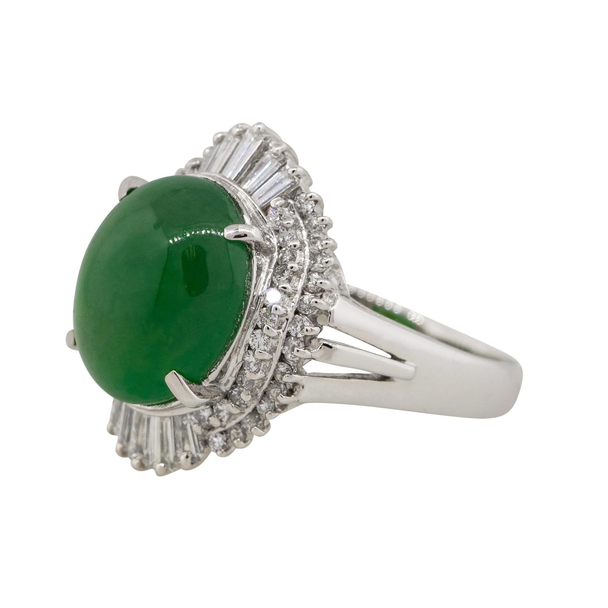 Material: Platinum
Gemstone details: Approx. 5.45ctw Jade cabochon center gemstone
Diamond details: Approx. 0.61ctw of round & baguette cut Diamonds. Diamonds are G/H in color and VS in clarity
Ring Size: 7
Ring Measurements: 0.75