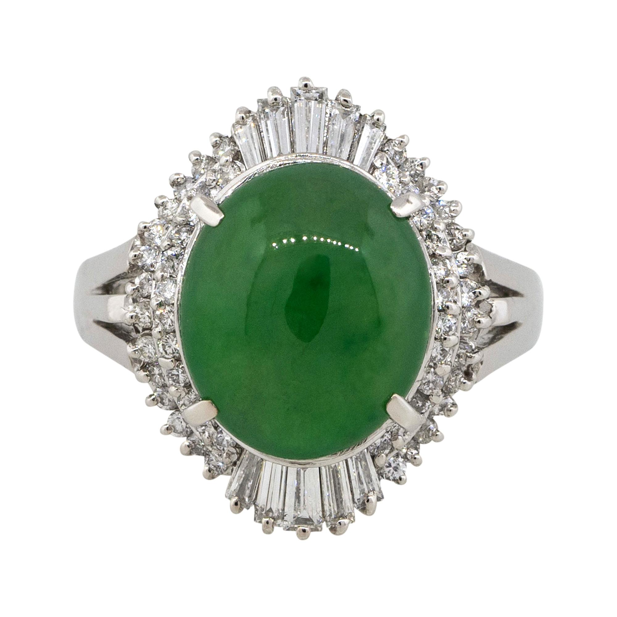 5.45 Carat Jade Cabochon Center Diamond Cocktail Ring Platinum in Stock