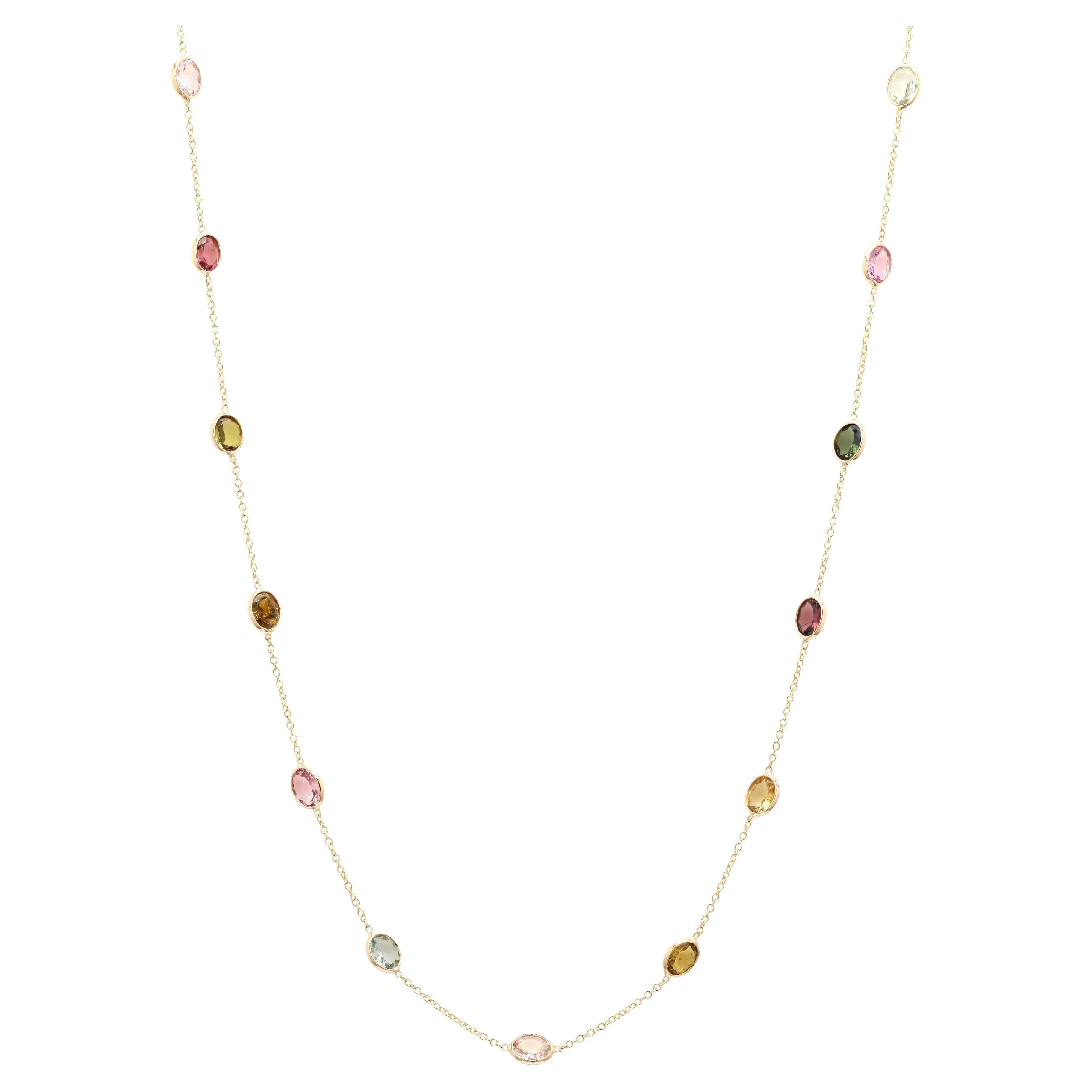 5.45 Carat Multi Tourmaline Beaded Necklace in 18K Yellow Gold For Sale