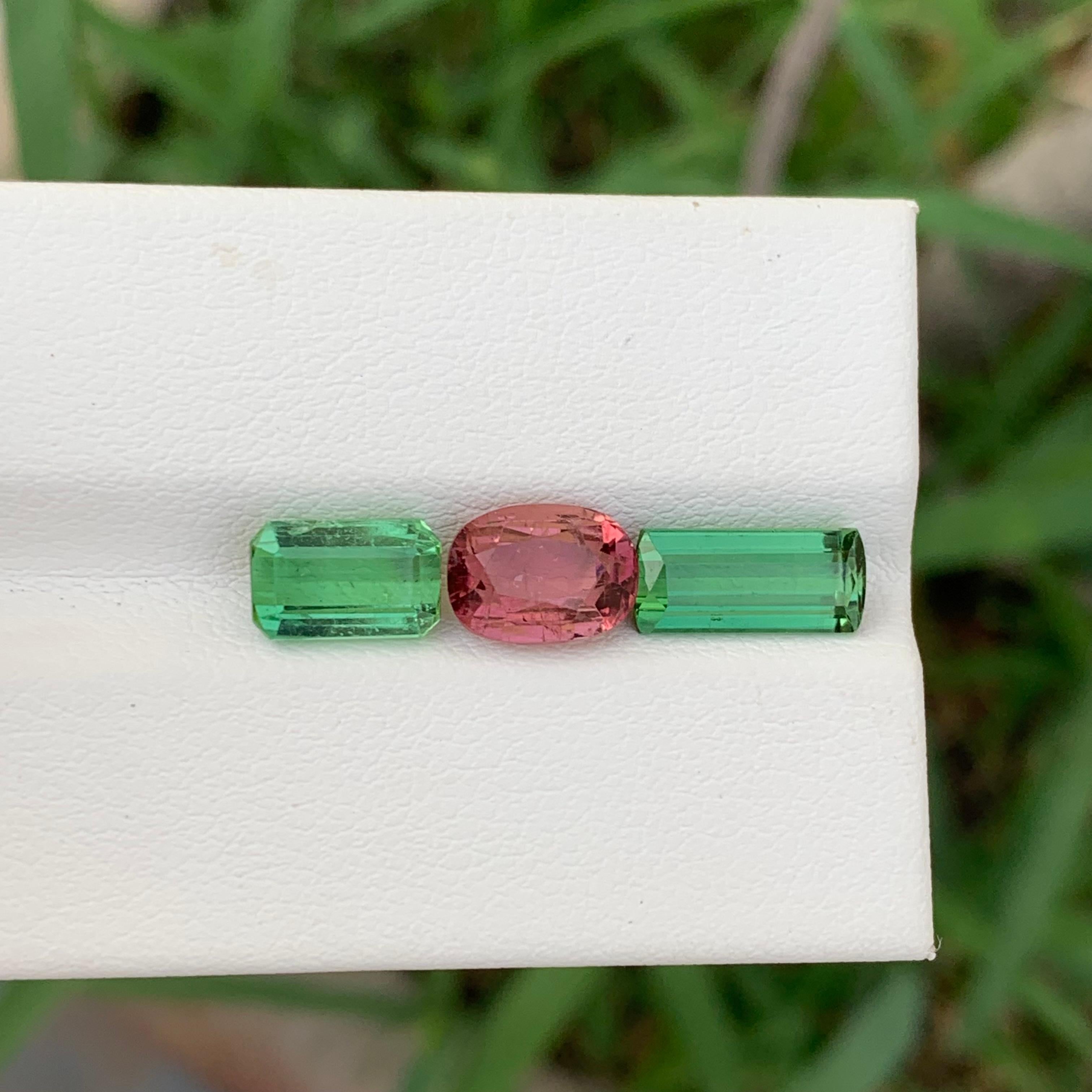 Set di tormaline sfuse 

Peso: 5,45 carati
Taglie:  2.05 carati di tormalina rosa 
            1.80 carati di tormalina verde 
             1.75 carati di tormalina verde 
Colore: Verde e rosa 
Origine: Afghanistan
Certificato: Su