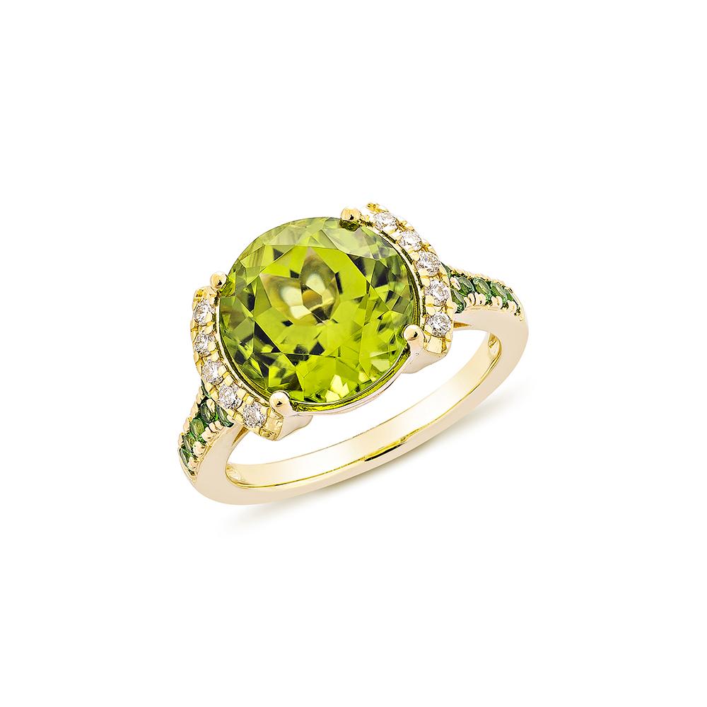 Contemporary Sunita Nahata Peridot  5.45ct. Fancy Ring in 18KYG with Tsavorite & Diamond. For Sale