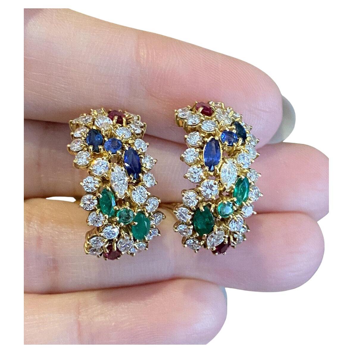 5.45 carat Ruby, Emerald, Sapphire & Diamond Earrings in 18k Yellow Gold For Sale