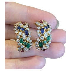 Vintage 5.45 carat Ruby, Emerald, Sapphire & Diamond Earrings in 18k Yellow Gold